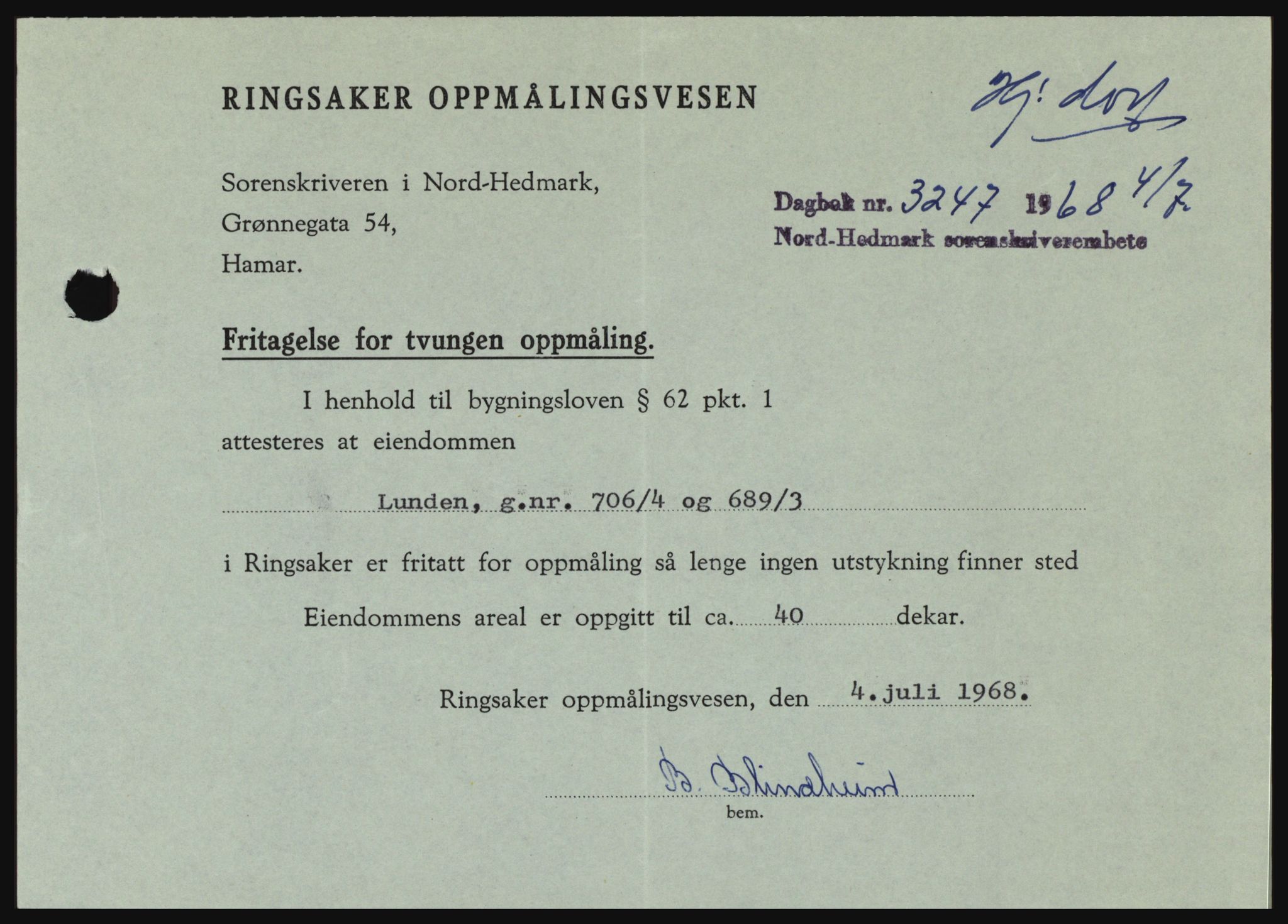 Nord-Hedmark sorenskriveri, SAH/TING-012/H/Hc/L0028: Pantebok nr. 28, 1968-1968, Dagboknr: 3247/1968