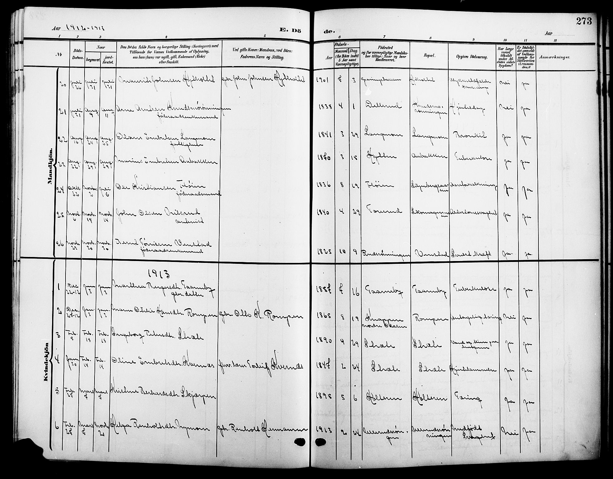 Våler prestekontor, Hedmark, AV/SAH-PREST-040/H/Ha/Hab/L0002: Klokkerbok nr. 2, 1905-1915, s. 273