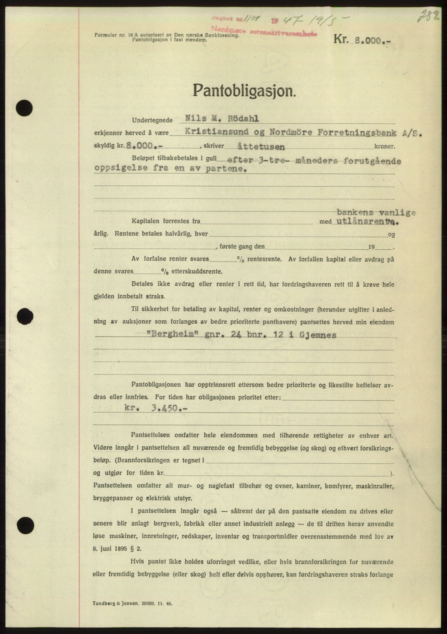 Nordmøre sorenskriveri, AV/SAT-A-4132/1/2/2Ca: Pantebok nr. B96, 1947-1947, Dagboknr: 1101/1947