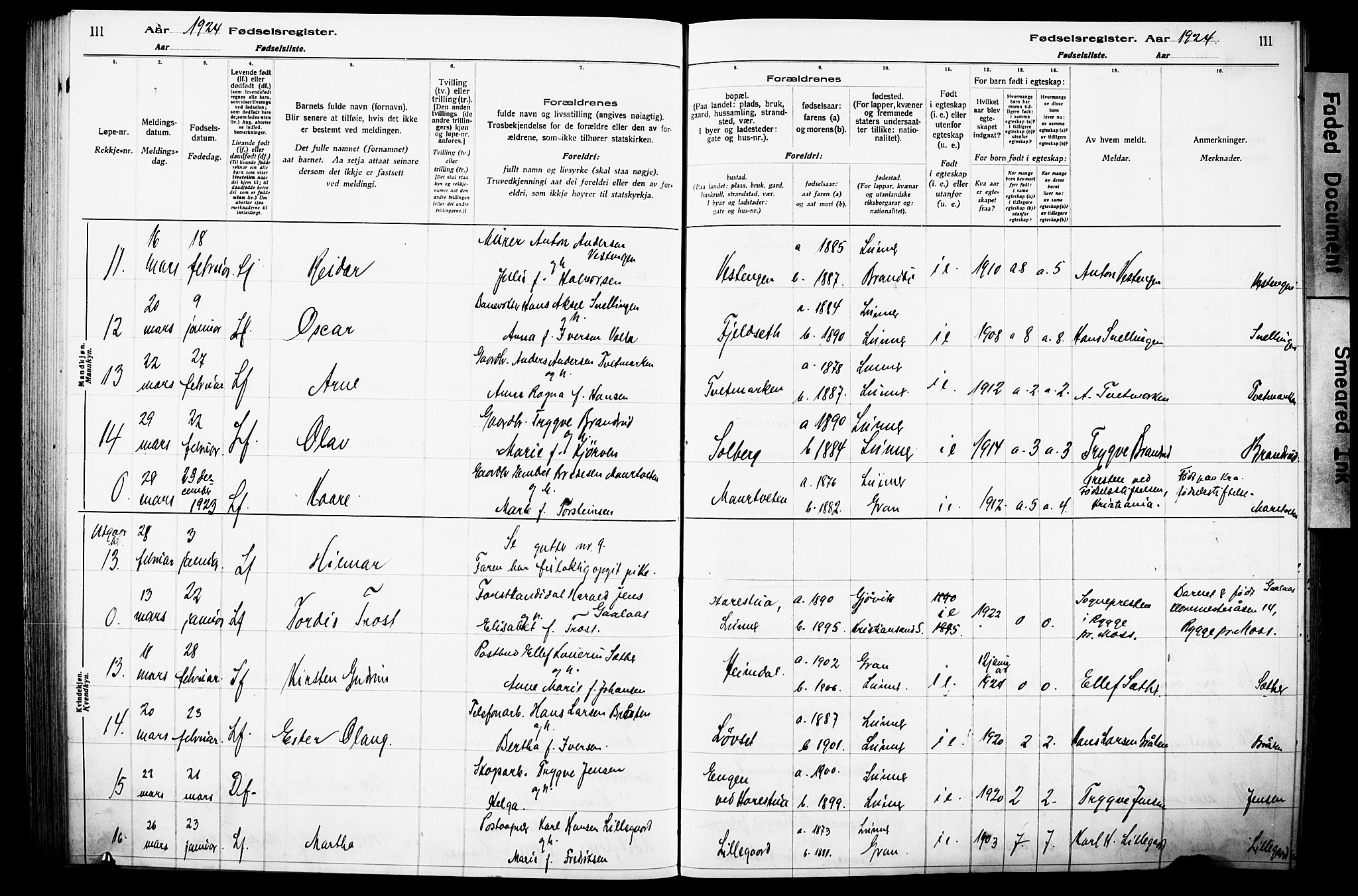 Lunner prestekontor, SAH/PREST-118/I/Id/L0001: Fødselsregister nr. 1, 1916-1932, s. 111