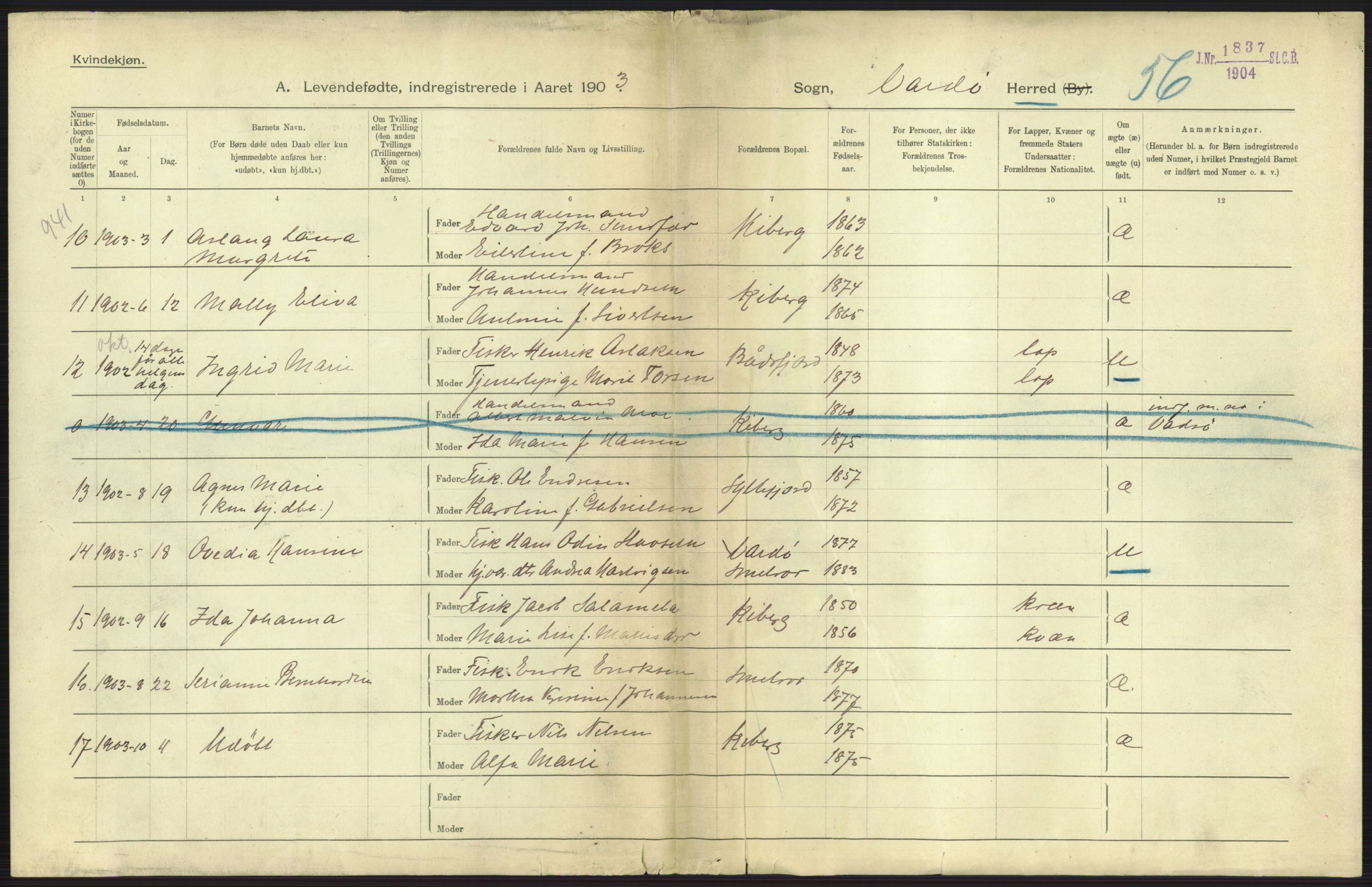 Statistisk sentralbyrå, Sosiodemografiske emner, Befolkning, RA/S-2228/D/Df/Dfa/Dfaa/L0022: Finnmarkens amt: Fødte, gifte, døde., 1903, s. 3