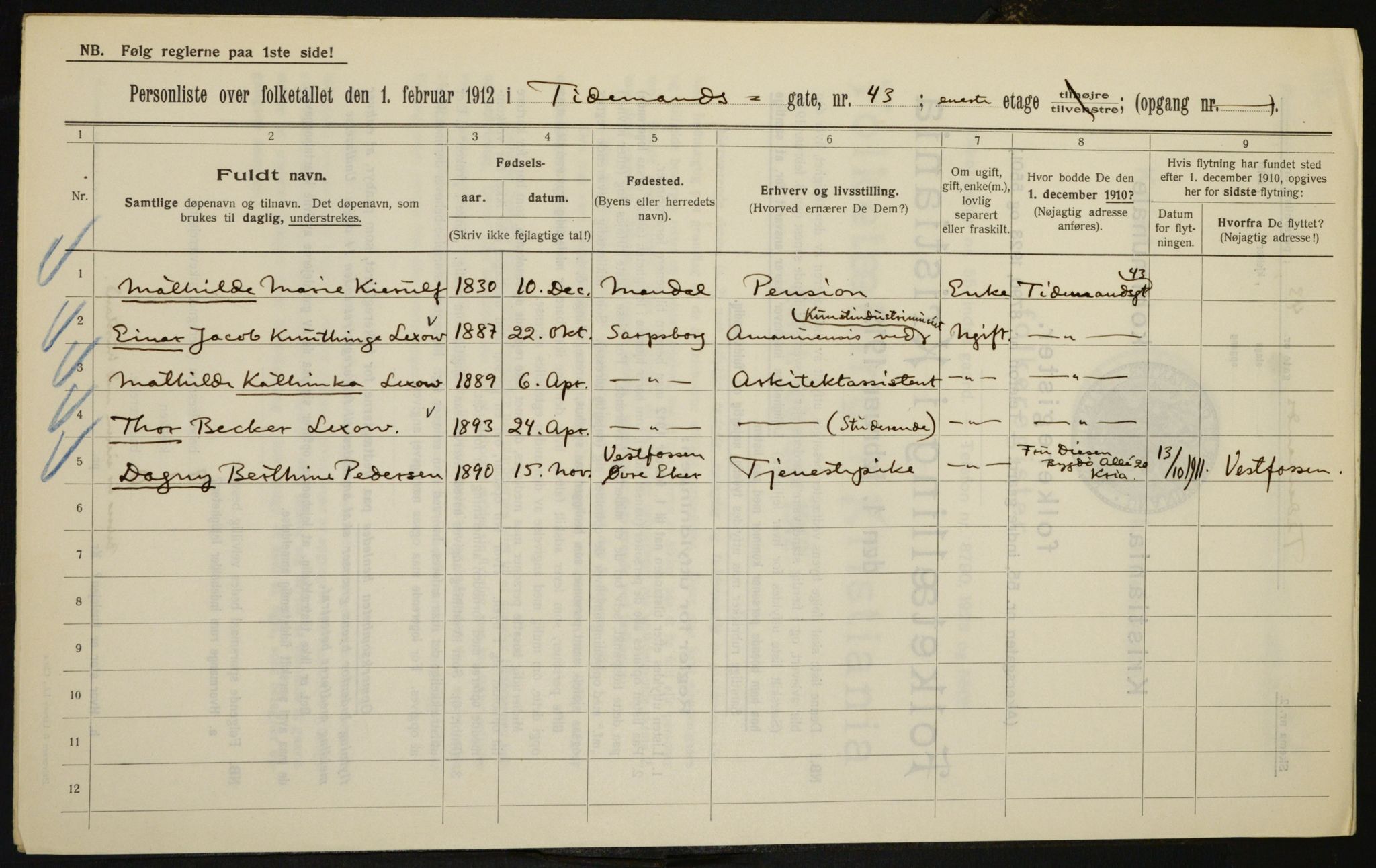 OBA, Kommunal folketelling 1.2.1912 for Kristiania, 1912, s. 111501