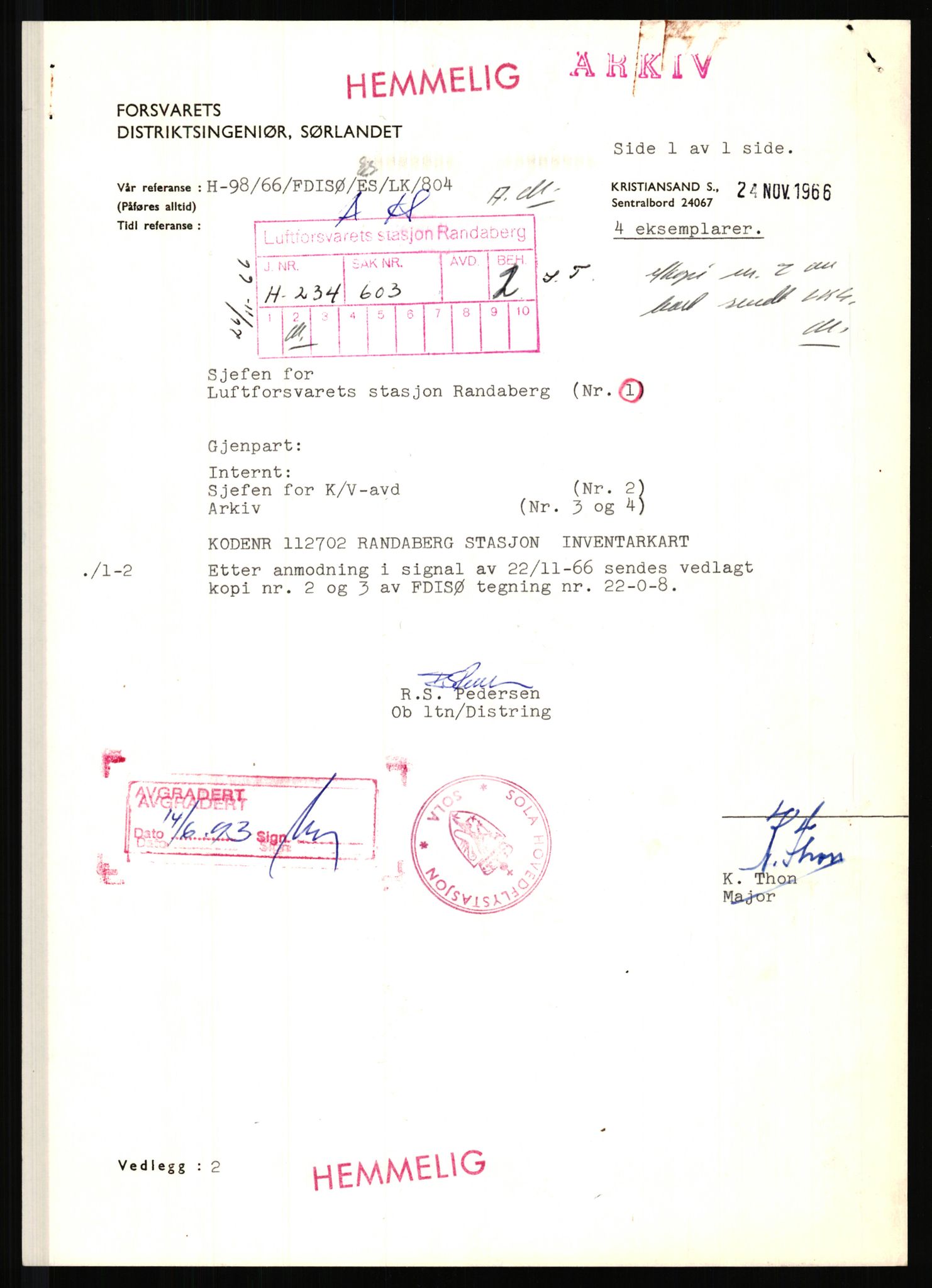 Forsvaret, Luftforsvarets stasjon Randaberg, RA/RAFA-2928/D/Da/L0013/0001: -- / kl 804 Registrering. Inventarføring av eiendom (gradert), 1966