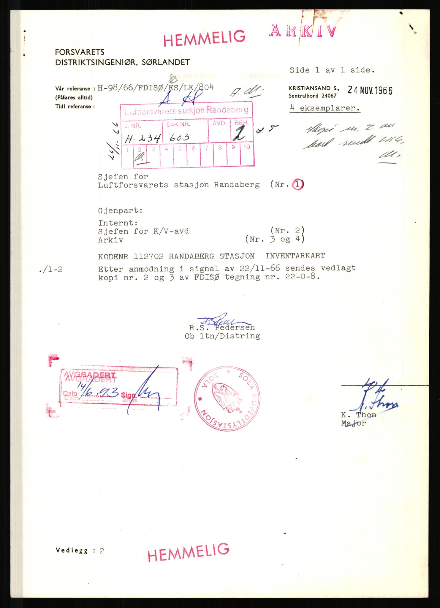 Forsvaret, Luftforsvarets stasjon Randaberg, AV/RA-RAFA-2928/D/Da/L0013/0001: -- / kl 804 Registrering. Inventarføring av eiendom (gradert), 1966