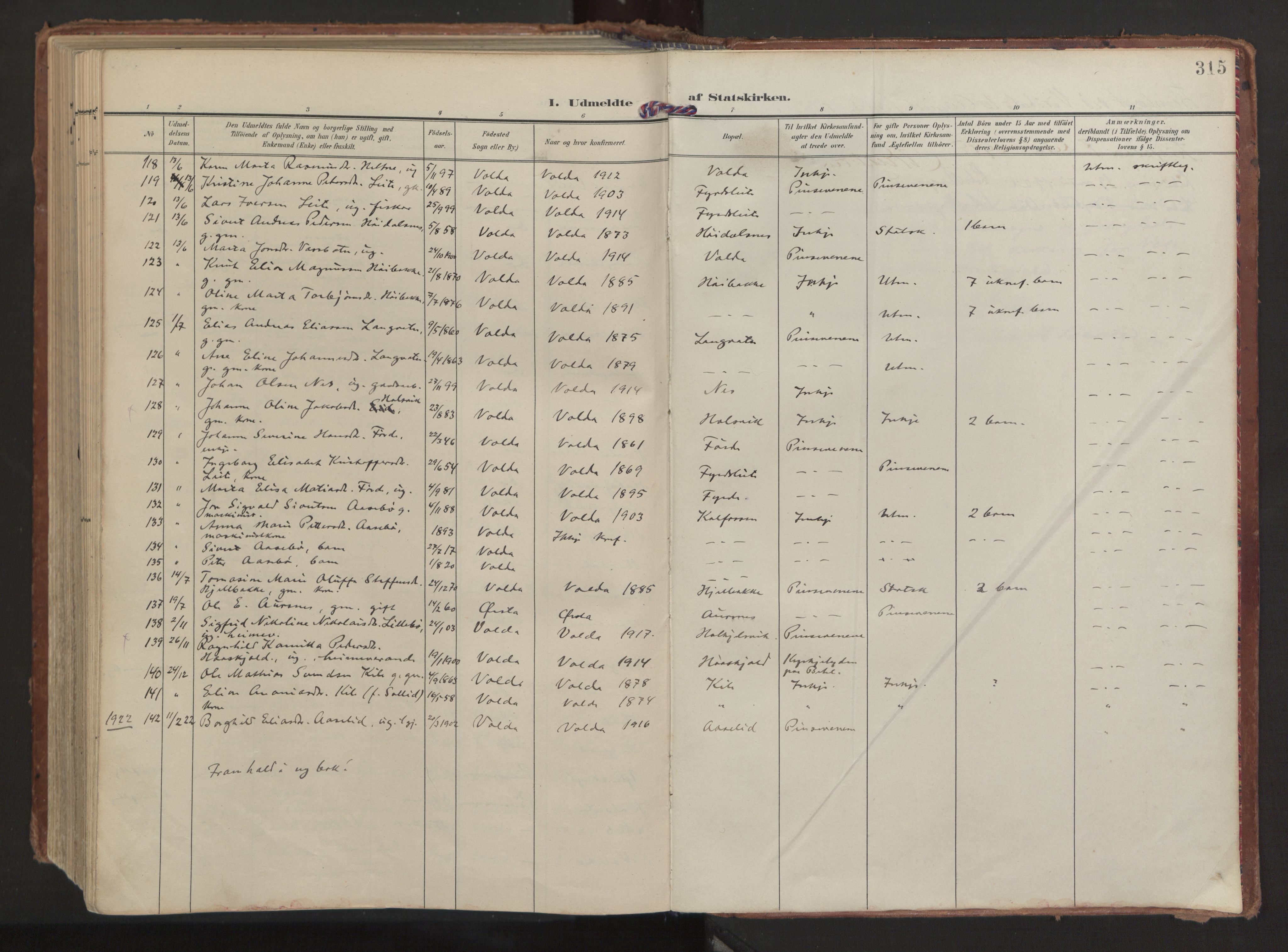 Ministerialprotokoller, klokkerbøker og fødselsregistre - Møre og Romsdal, AV/SAT-A-1454/511/L0144: Ministerialbok nr. 511A11, 1906-1923, s. 315