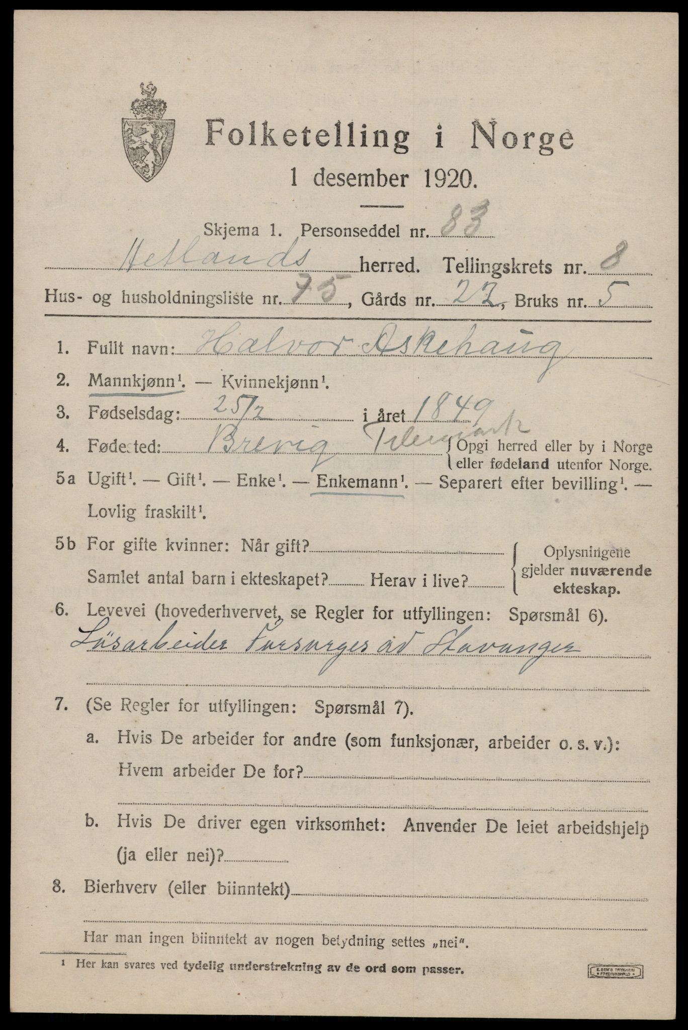 SAST, Folketelling 1920 for 1126 Hetland herred, 1920, s. 16889