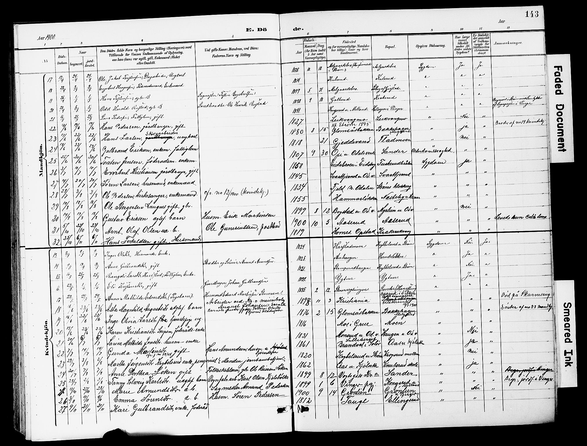 Sør-Odal prestekontor, AV/SAH-PREST-030/H/Ha/Hab/L0001: Klokkerbok nr. 1, 1895-1902, s. 143