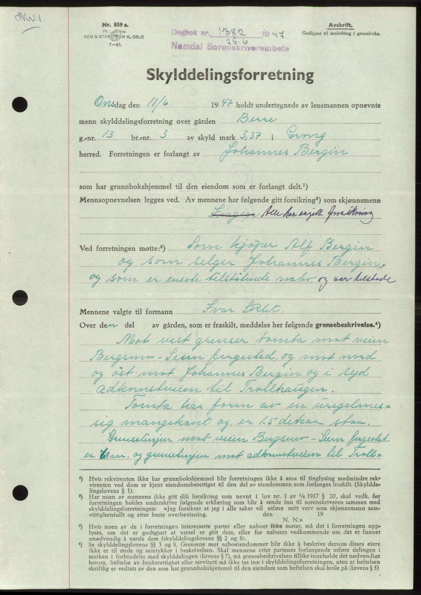 Namdal sorenskriveri, SAT/A-4133/1/2/2C: Pantebok nr. -, 1947-1947, Dagboknr: 1382/1947