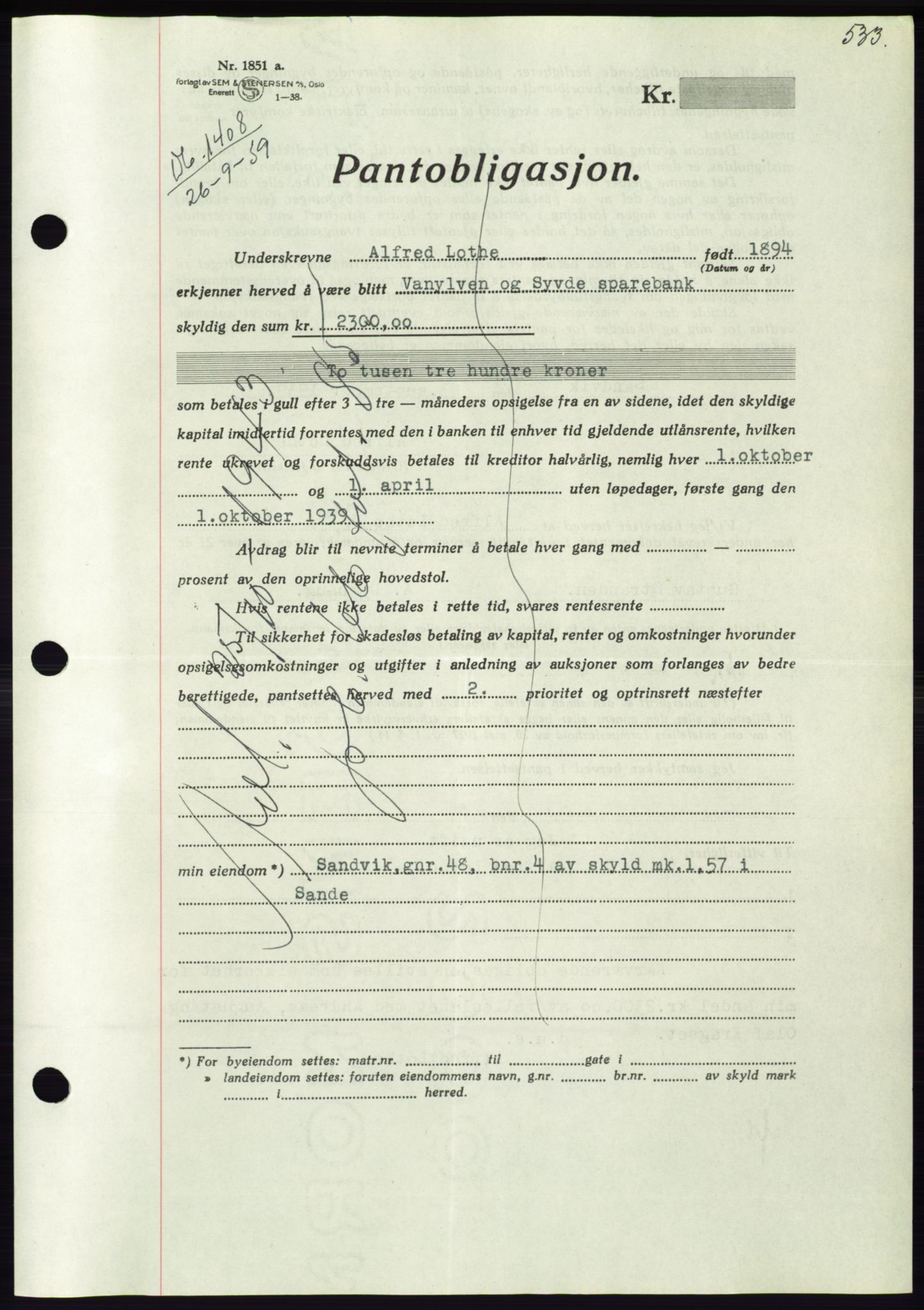 Søre Sunnmøre sorenskriveri, AV/SAT-A-4122/1/2/2C/L0068: Pantebok nr. 62, 1939-1939, Dagboknr: 1408/1939