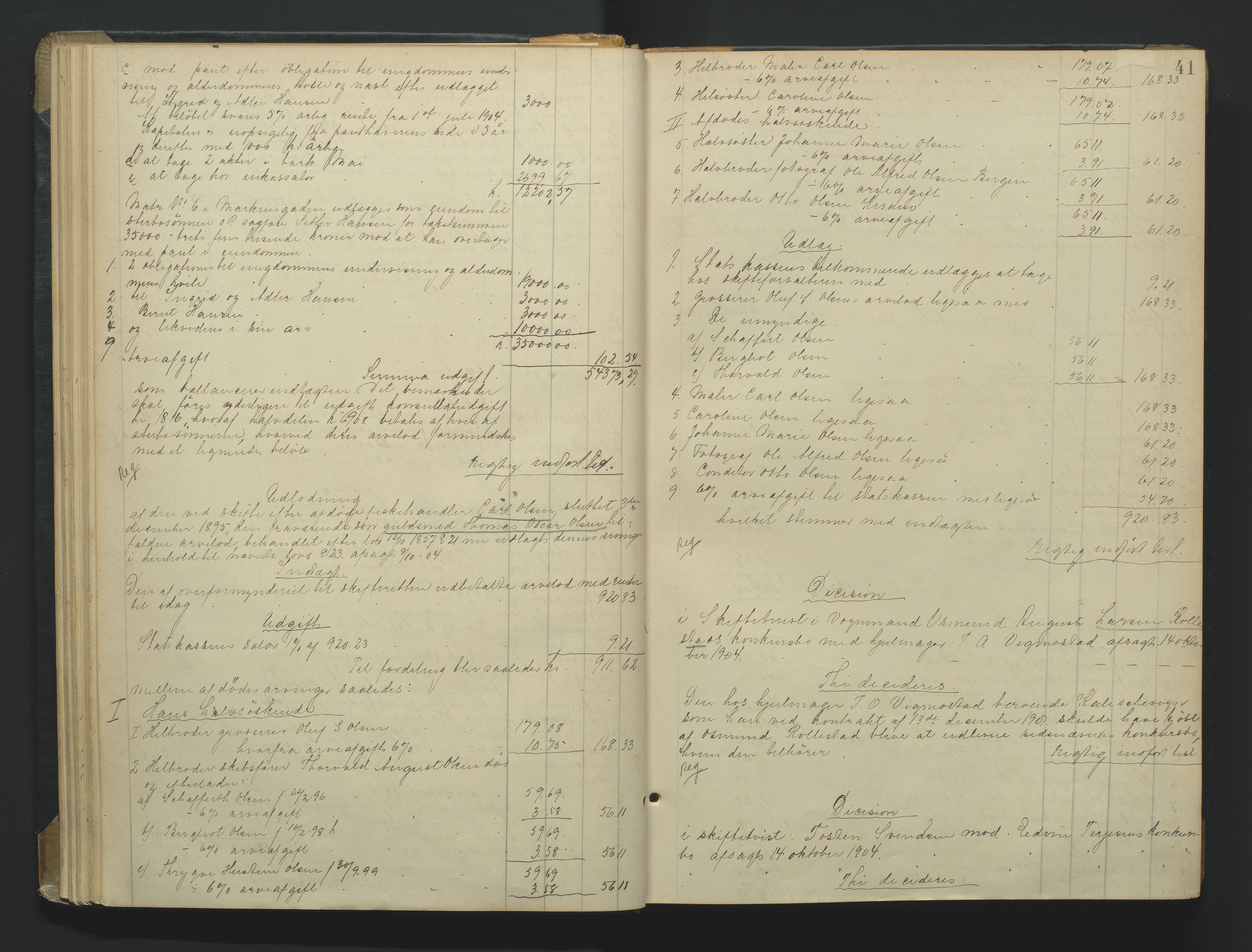 Kristiansand byrett, AV/SAK-1223-0001/H/Hc/L0060: Skifteutlodningsprotokoll nr. 6, med register, 1903-1916, s. 41