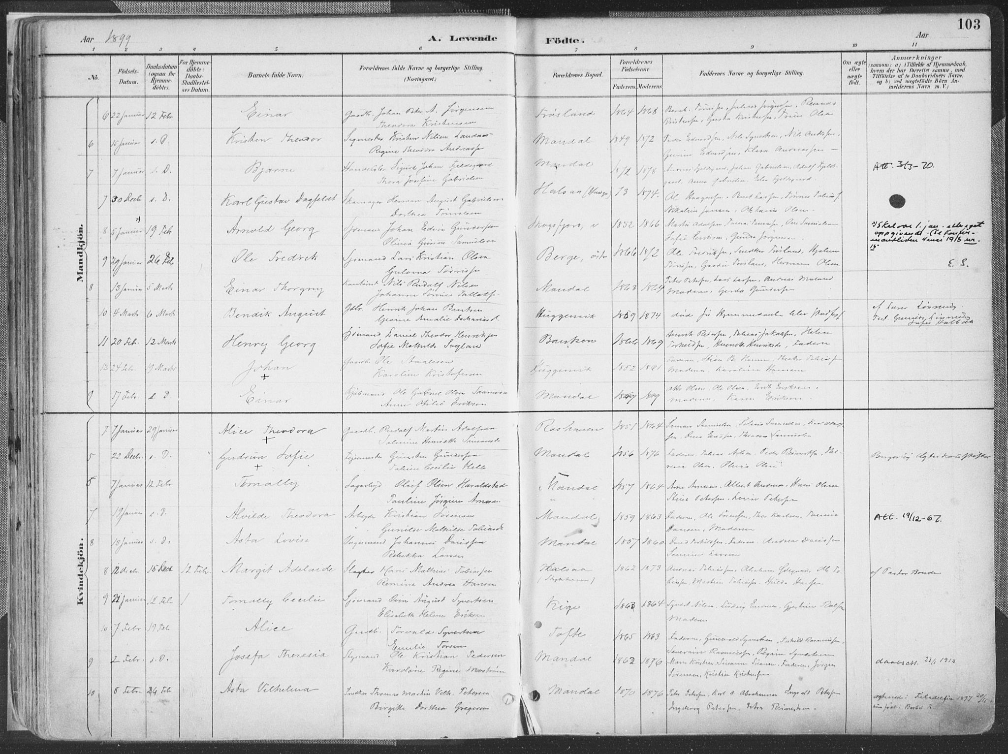 Mandal sokneprestkontor, SAK/1111-0030/F/Fa/Faa/L0018: Ministerialbok nr. A 18, 1890-1905, s. 103