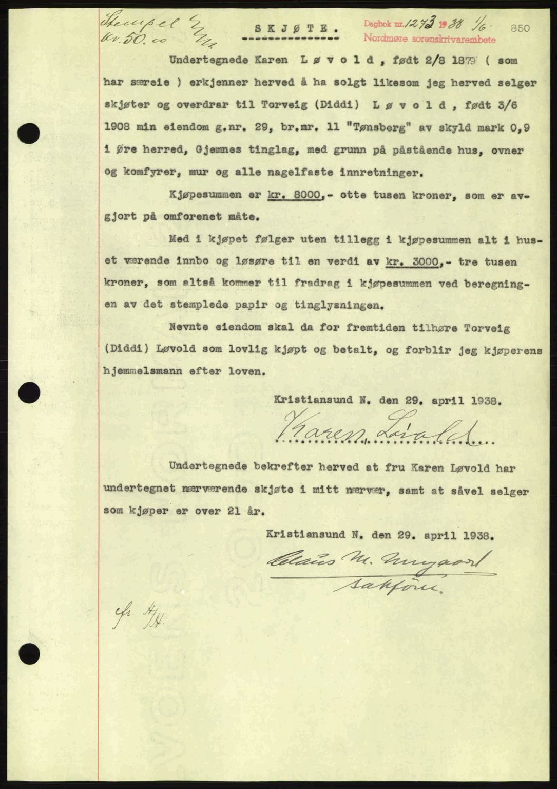 Nordmøre sorenskriveri, SAT/A-4132/1/2/2Ca: Pantebok nr. A83, 1938-1938, Dagboknr: 1273/1938