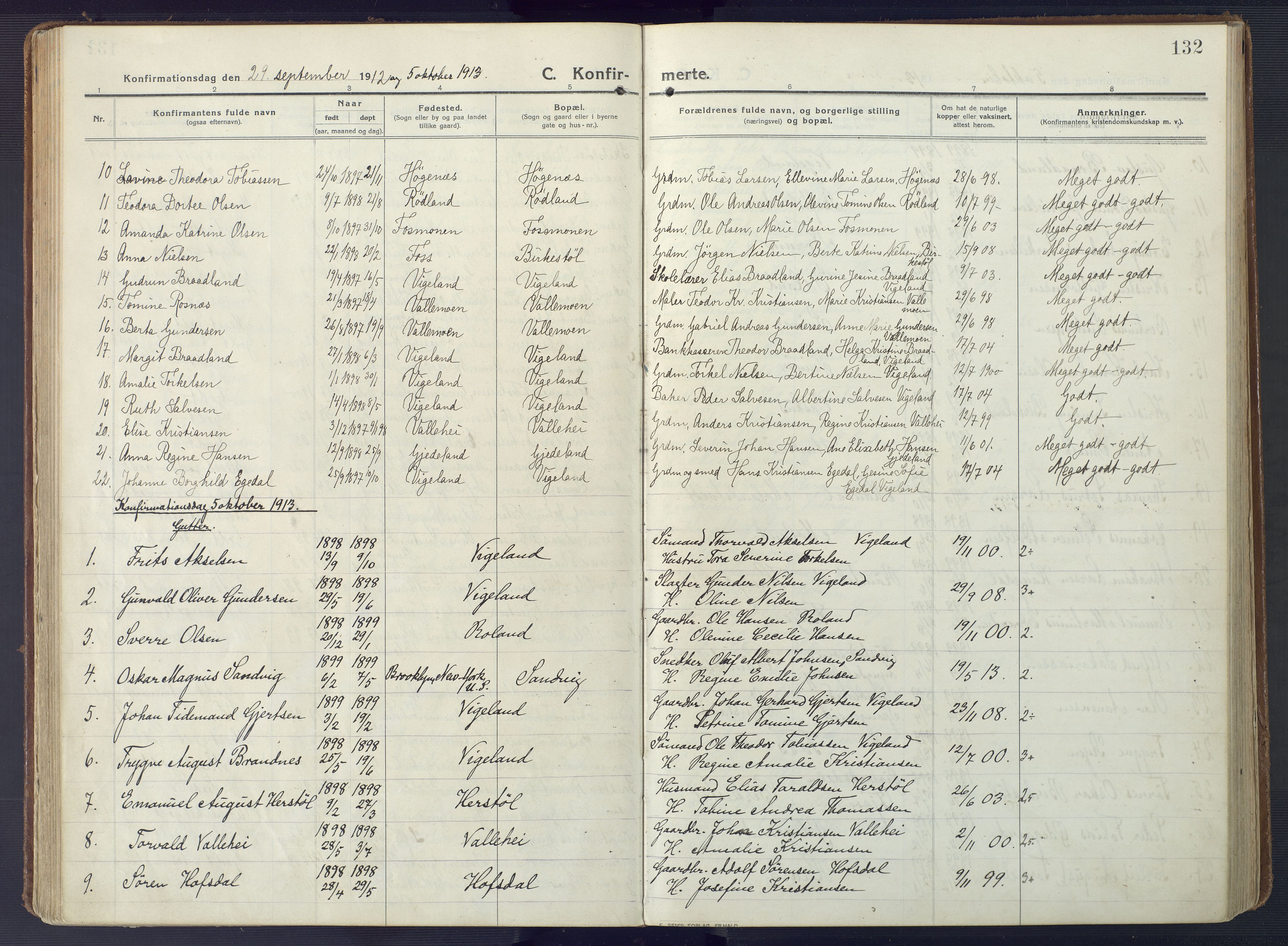 Sør-Audnedal sokneprestkontor, AV/SAK-1111-0039/F/Fa/Fab/L0011: Ministerialbok nr. A 11, 1912-1938, s. 132