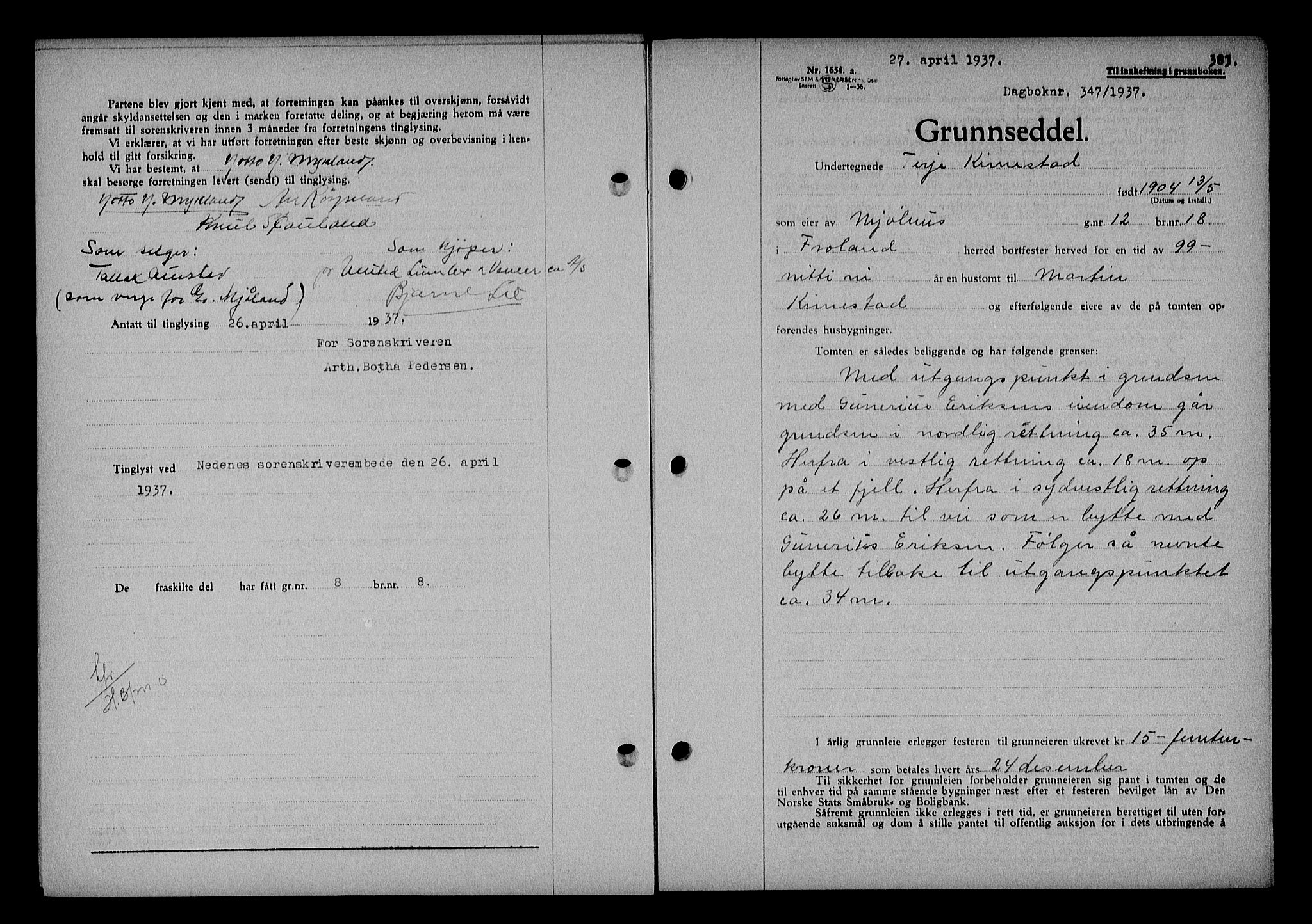 Nedenes sorenskriveri, AV/SAK-1221-0006/G/Gb/Gba/L0043: Pantebok nr. 39, 1936-1937, Dagboknr: 347/1937