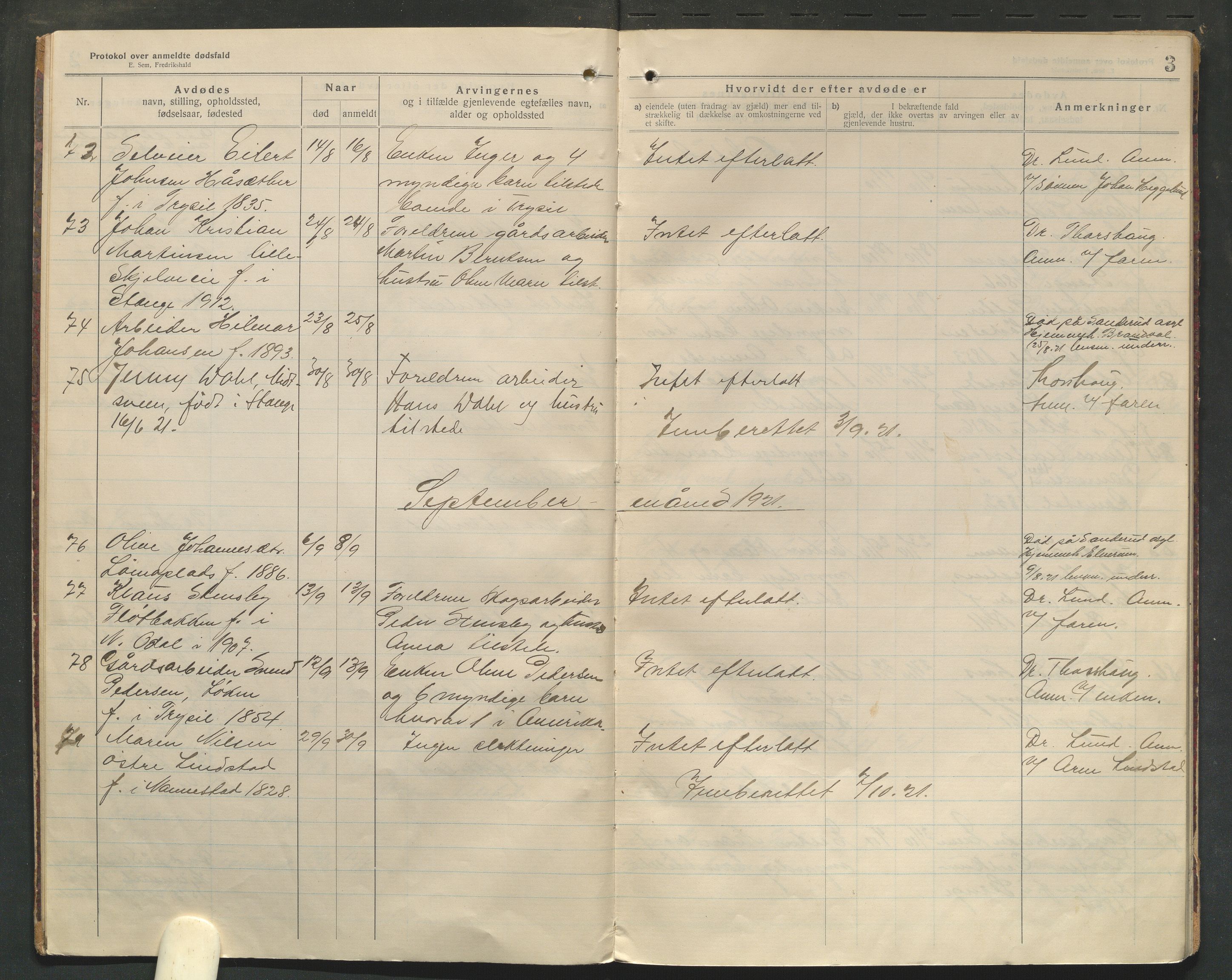 Stange lensmannskontor, SAH/LHS-020/H/Ha/Haa/L0001/0004: Dødsfallsprotokoller / Dødsfallsprotokoll, 1921-1925, s. 3