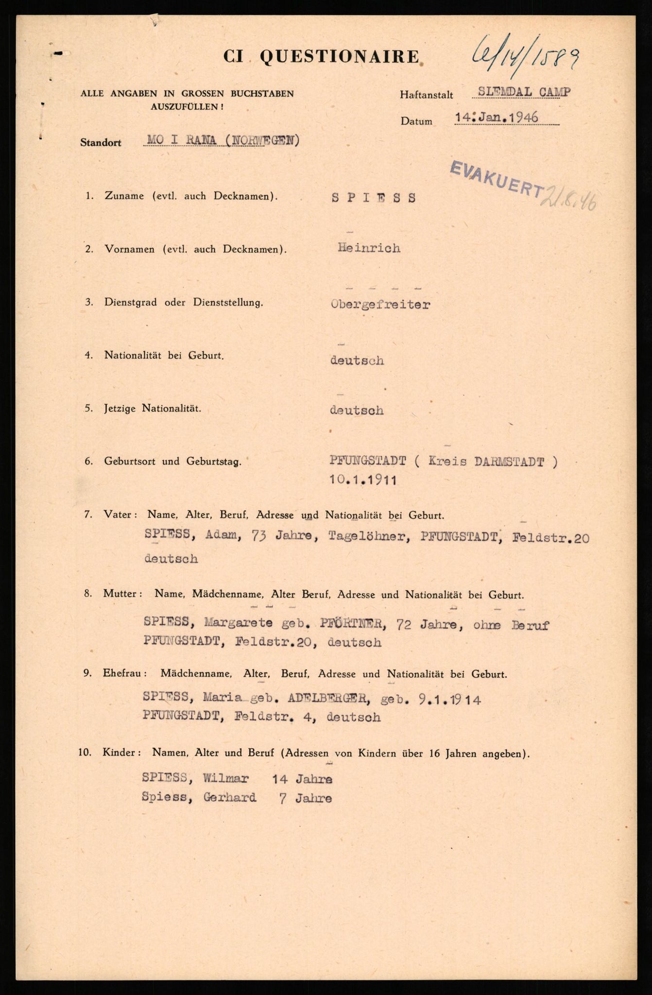 Forsvaret, Forsvarets overkommando II, AV/RA-RAFA-3915/D/Db/L0032: CI Questionaires. Tyske okkupasjonsstyrker i Norge. Tyskere., 1945-1946, s. 240