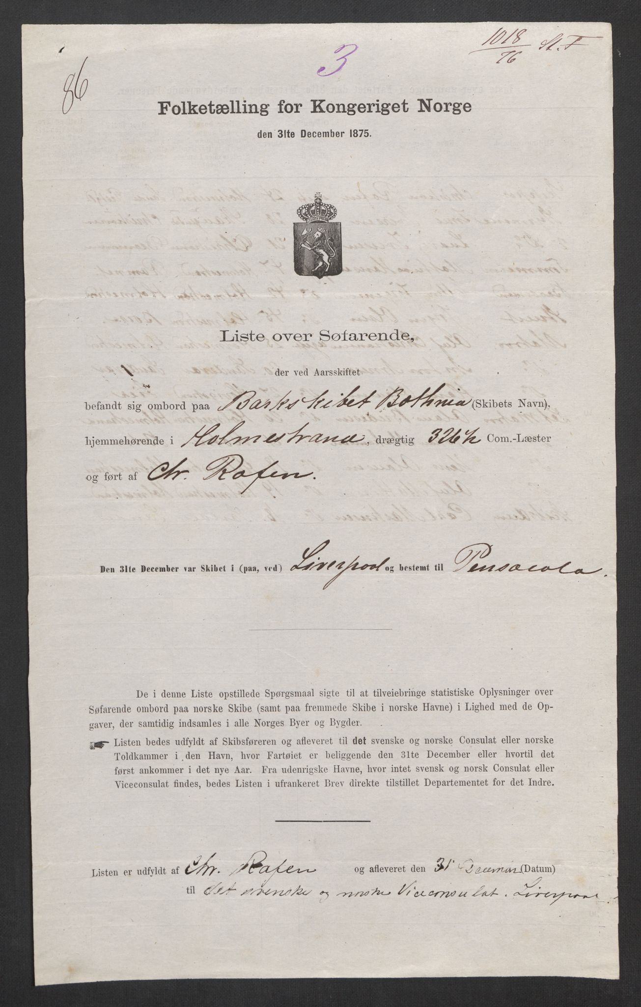 RA, Folketelling 1875, skipslister: Skip i utenrikske havner, hjemmehørende i byer og ladesteder, Fredrikshald - Arendal, 1875, s. 331