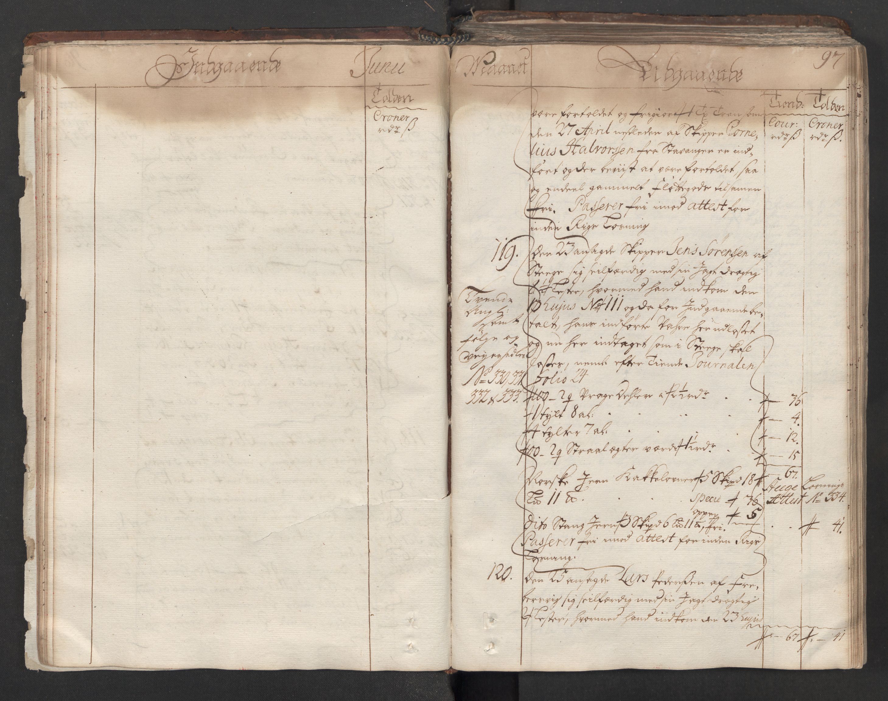 Generaltollkammeret, tollregnskaper, AV/RA-EA-5490/R06/L0012/0001: Tollregnskaper Kristiania / Hovedtollbok, 1731, s. 96b-97a