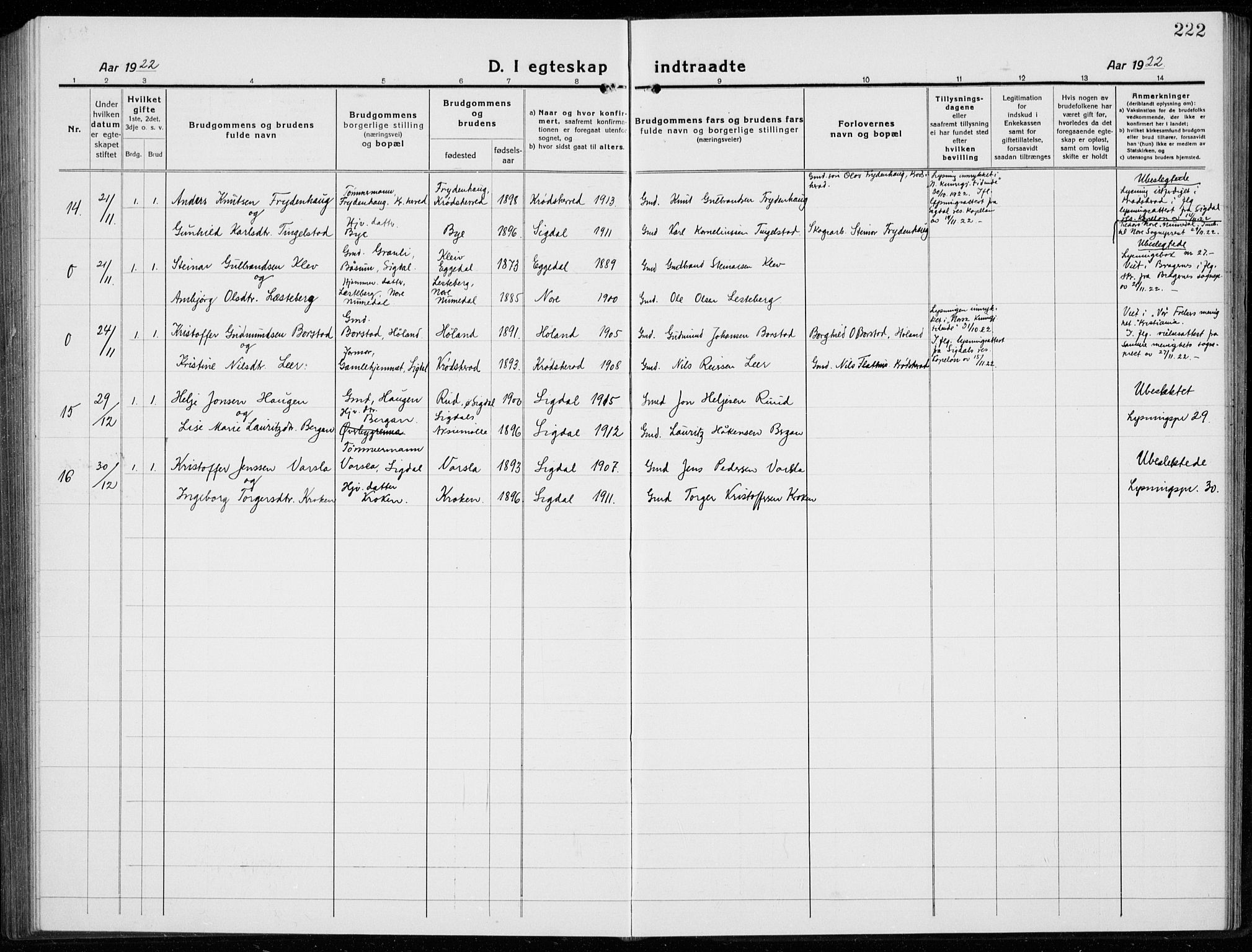 Sigdal kirkebøker, AV/SAKO-A-245/G/Ga/L0007: Klokkerbok nr. I 7, 1917-1935, s. 222