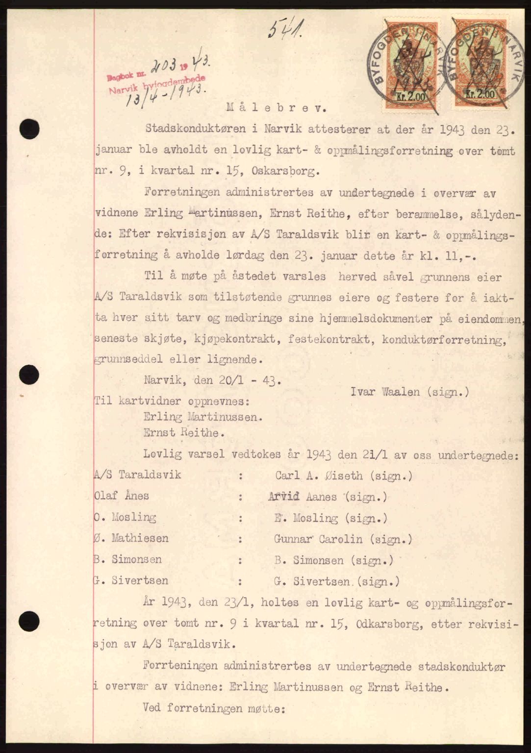 Narvik sorenskriveri, SAT/A-0002/1/2/2C/2Ca: Pantebok nr. A19, 1942-1943, Dagboknr: 203/1943