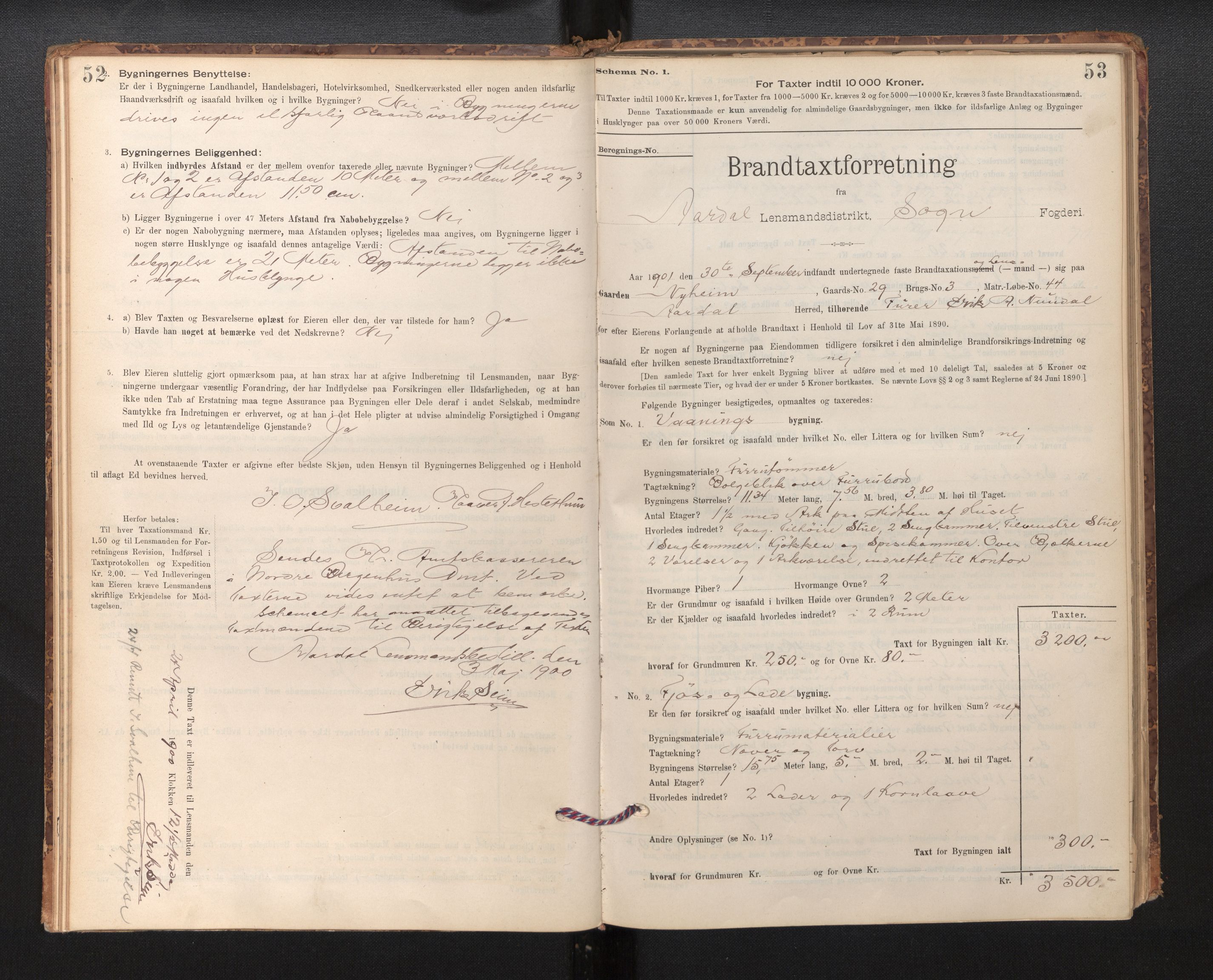 Lensmannen i Årdal, SAB/A-30501/0012/L0008: Branntakstprotokoll, skjematakst, 1895-1915, s. 52-53