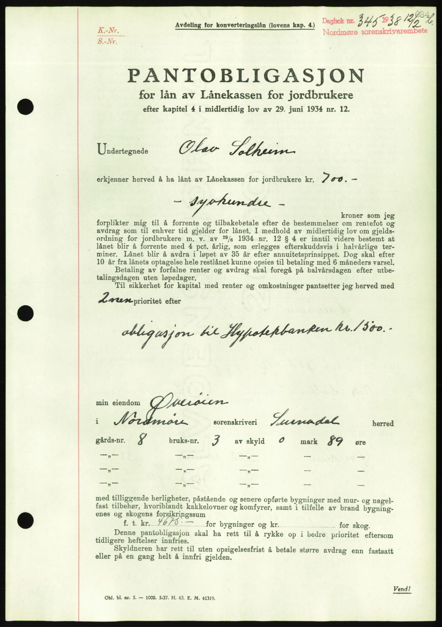 Nordmøre sorenskriveri, AV/SAT-A-4132/1/2/2Ca/L0092: Pantebok nr. B82, 1937-1938, Dagboknr: 345/1938