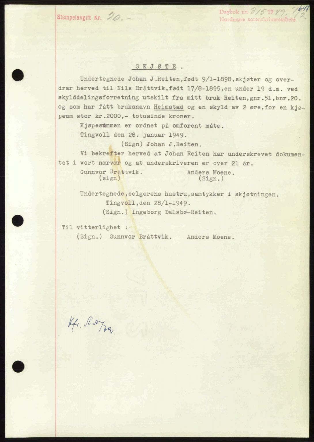 Nordmøre sorenskriveri, SAT/A-4132/1/2/2Ca: Pantebok nr. A110, 1948-1949, Dagboknr: 315/1949