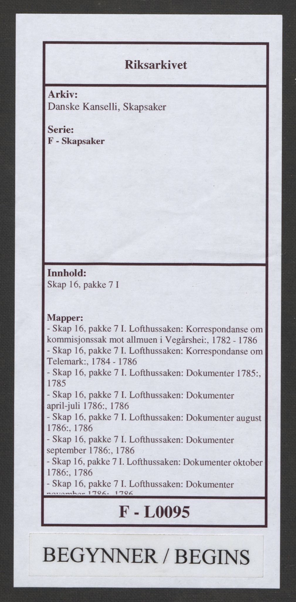 Danske Kanselli, Skapsaker, AV/RA-EA-4061/F/L0095: Skap 16, pakke 7 I, 1785-1786, s. 1