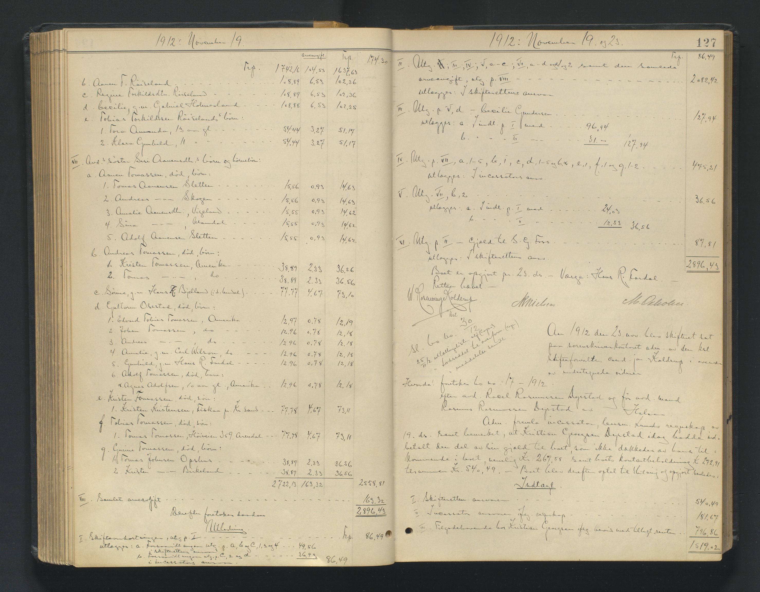 Mandal sorenskriveri, AV/SAK-1221-0005/001/H/Hc/L0098: Skifteutlodningsprotokoll nr 7, 1910-1917, s. 127