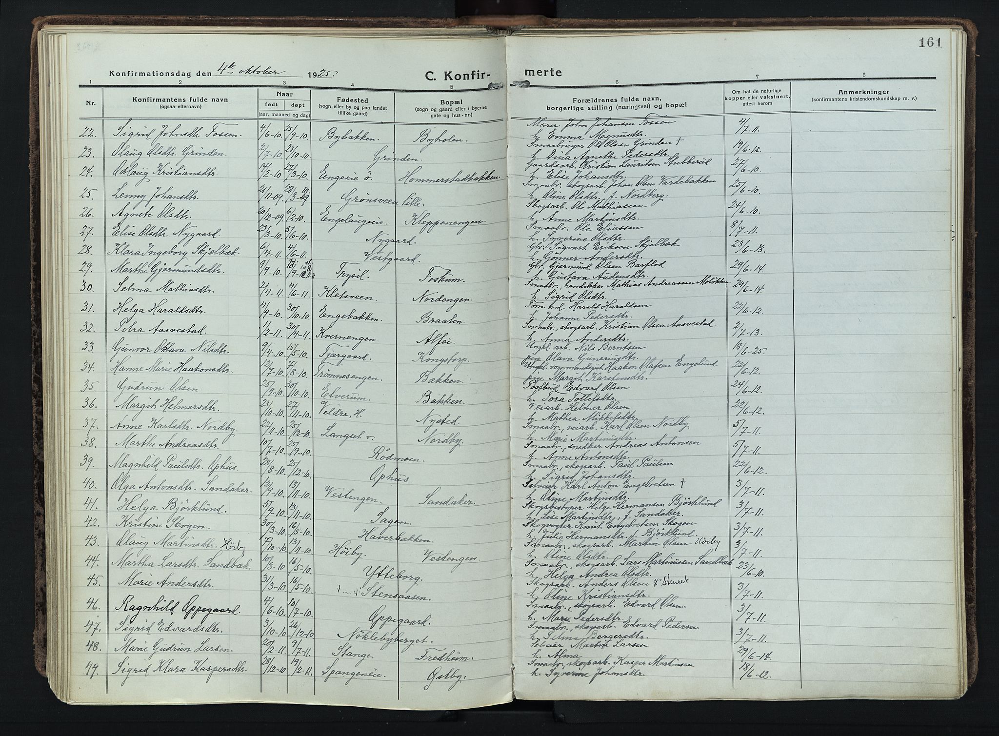 Løten prestekontor, AV/SAH-PREST-022/K/Ka/L0012: Ministerialbok nr. 12, 1918-1926, s. 161