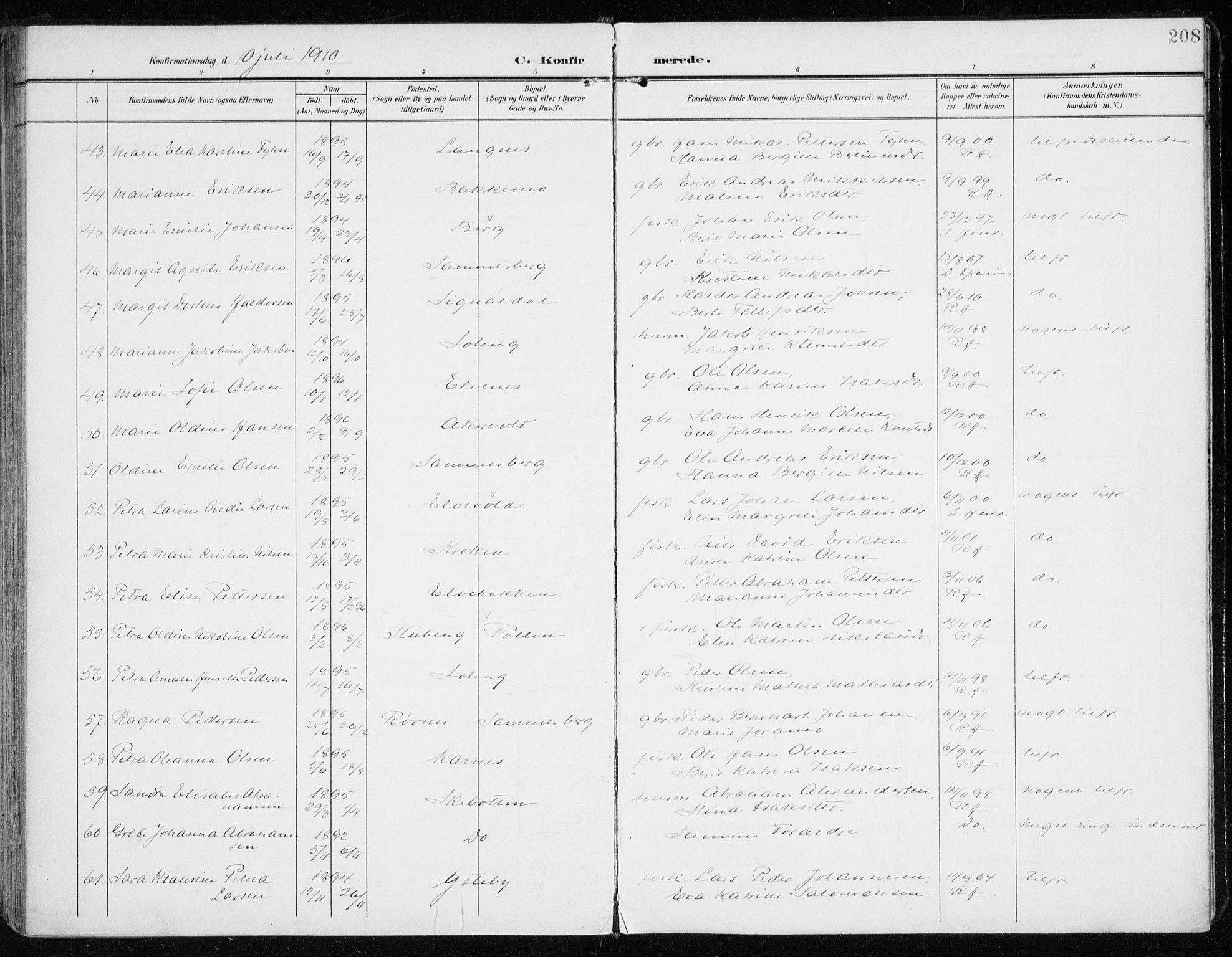 Lyngen sokneprestembete, AV/SATØ-S-1289/H/He/Hea/L0011kirke: Ministerialbok nr. 11, 1903-1913, s. 208