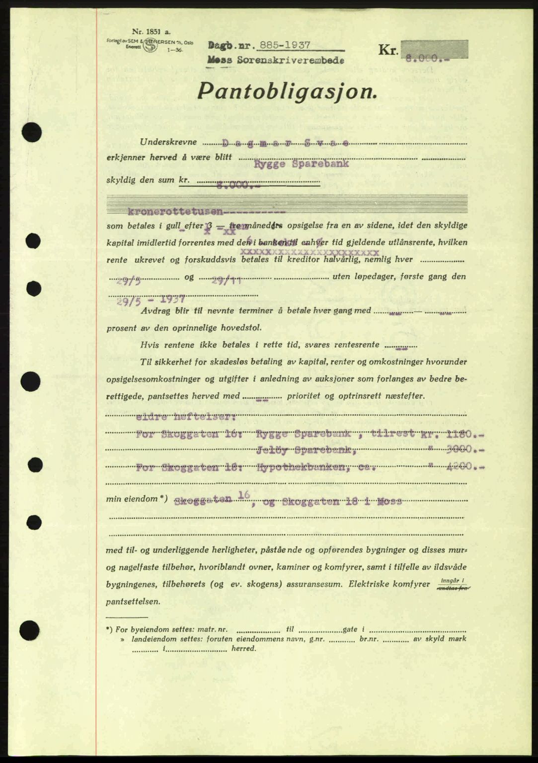 Moss sorenskriveri, SAO/A-10168: Pantebok nr. B3, 1937-1937, Dagboknr: 885/1937
