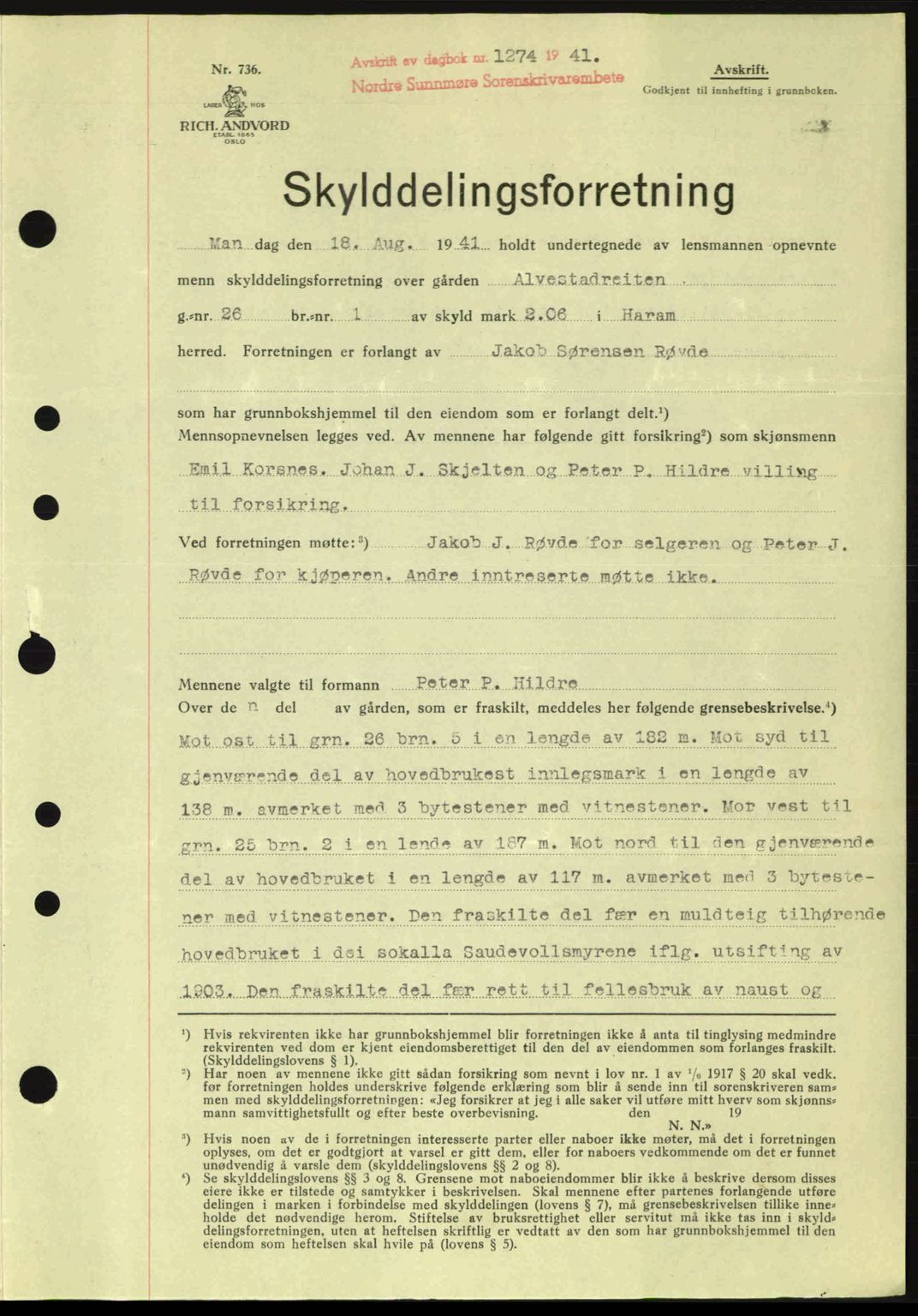 Nordre Sunnmøre sorenskriveri, SAT/A-0006/1/2/2C/2Ca: Pantebok nr. A11, 1941-1941, Dagboknr: 1274/1941