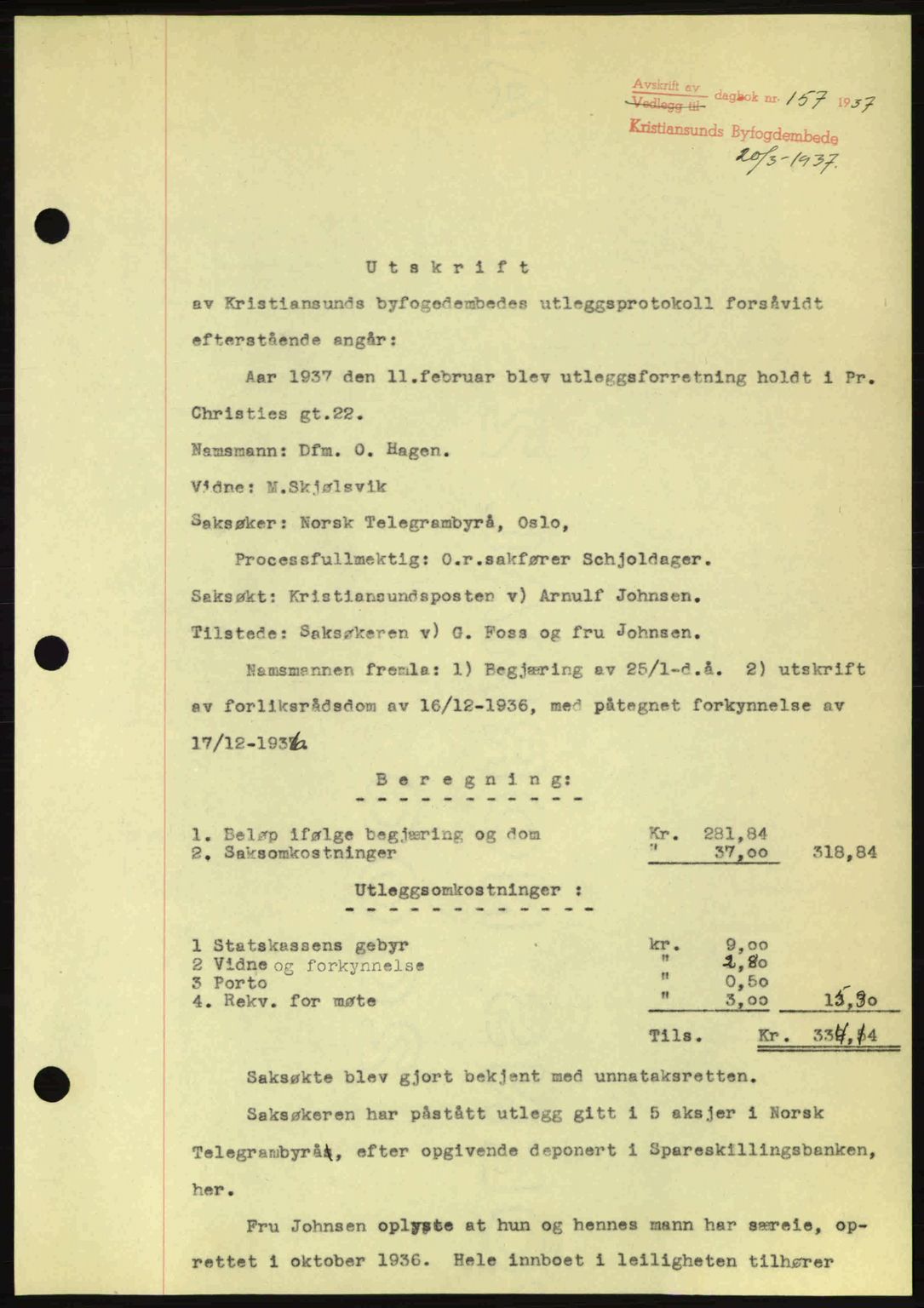 Kristiansund byfogd, SAT/A-4587/A/27: Pantebok nr. 29, 1936-1937, Dagboknr: 157/1937