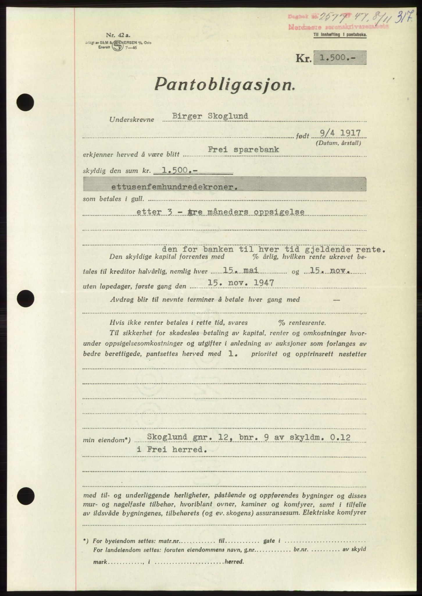 Nordmøre sorenskriveri, AV/SAT-A-4132/1/2/2Ca: Pantebok nr. B97, 1947-1948, Dagboknr: 2577/1947