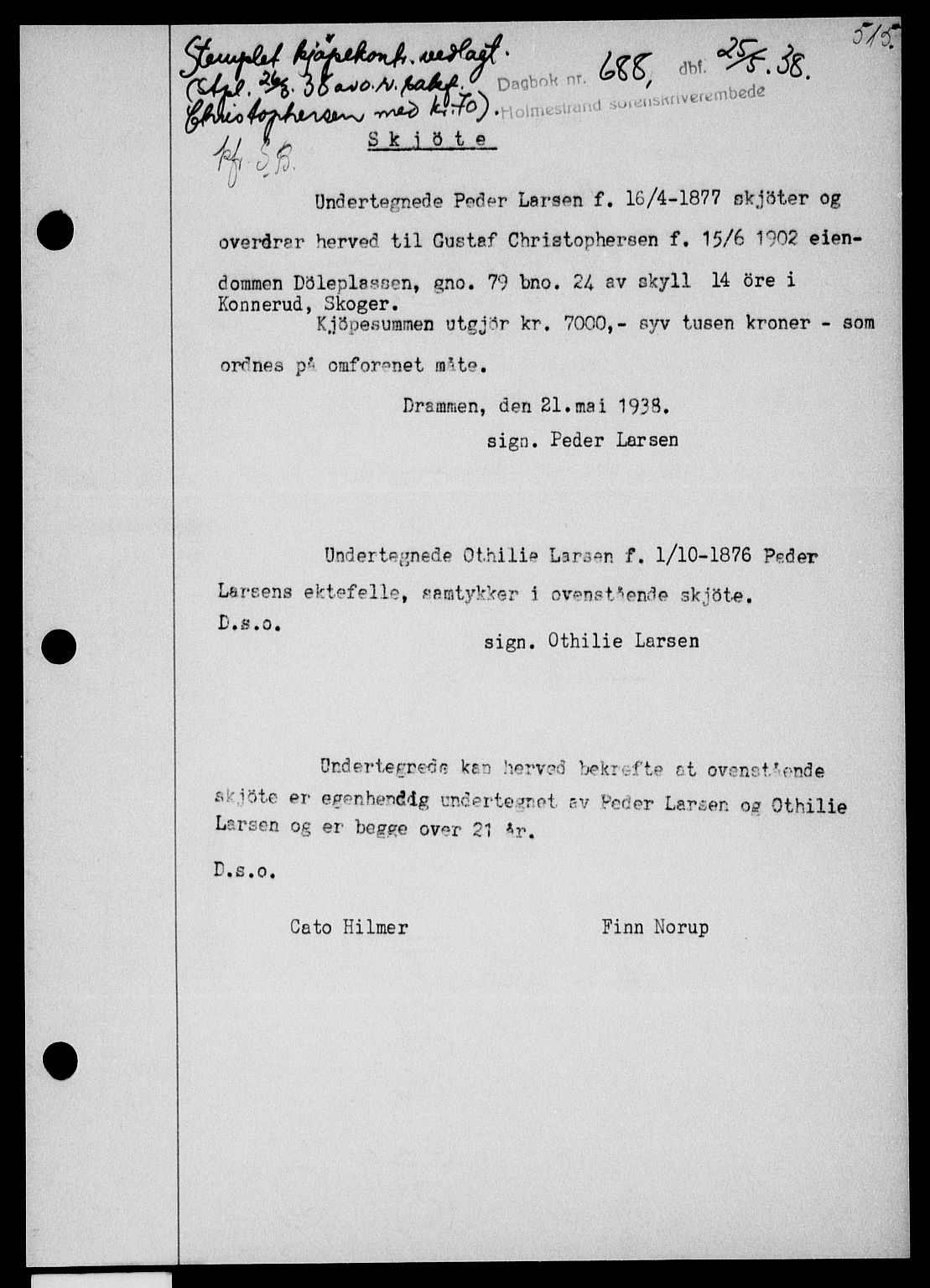 Holmestrand sorenskriveri, SAKO/A-67/G/Ga/Gaa/L0049: Pantebok nr. A-49, 1937-1938, Dagboknr: 688/1938