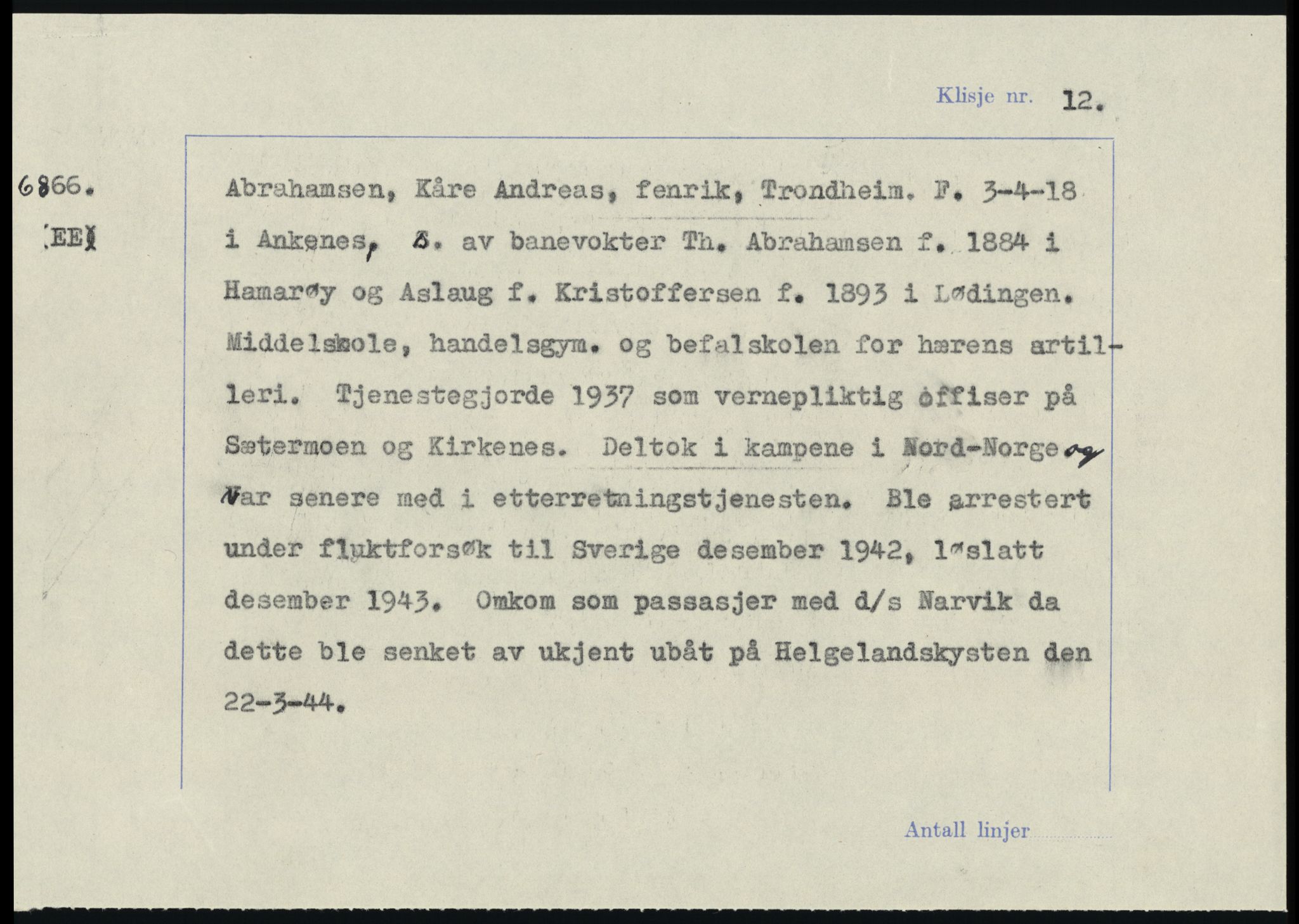 Sosialdepartementet, Våre Falne, AV/RA-S-1708/E/Ee/L0025: Personmapper: Abelsen 01 - Amundsen, H. 65, 1945-1951, s. 245