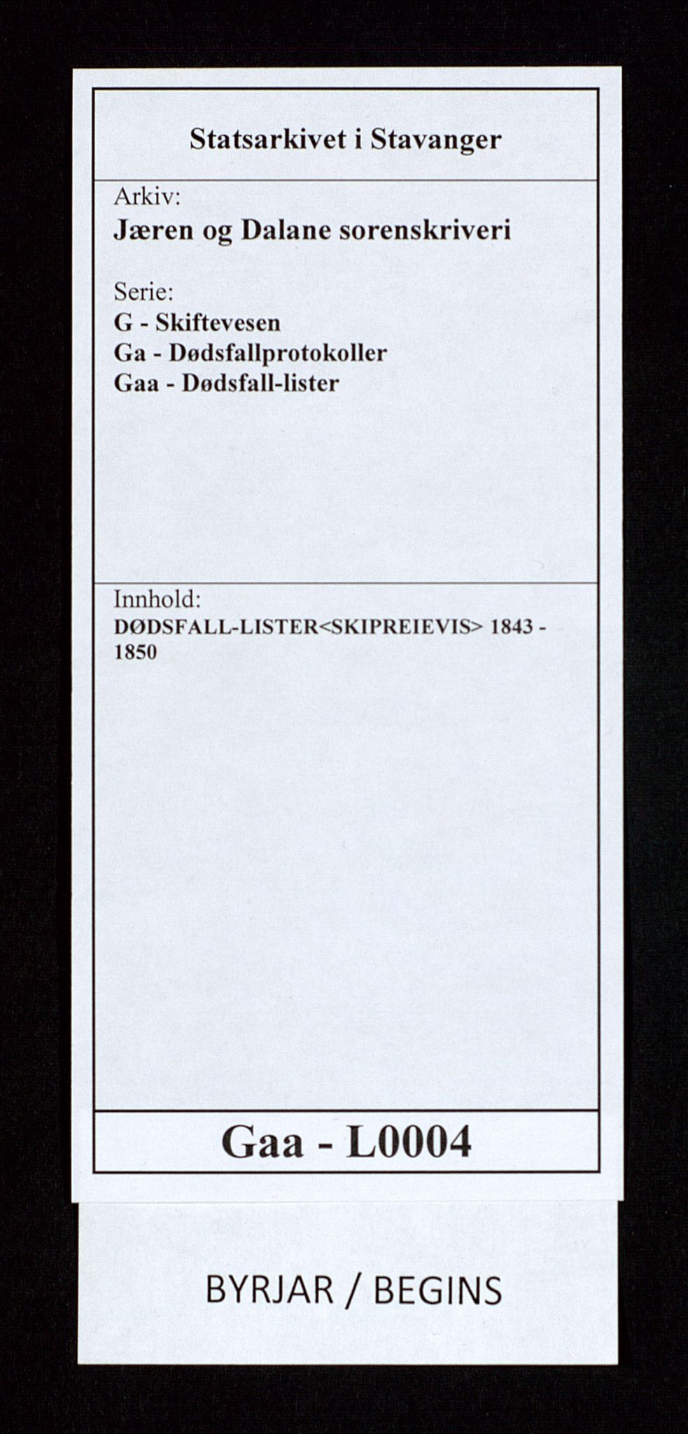 Jæren og Dalane sorenskriveri, SAST/A-100306/5/52AA/L0004: DØDSFALL-LISTER<SKIPREIEVIS>, 1843-1850, s. 1