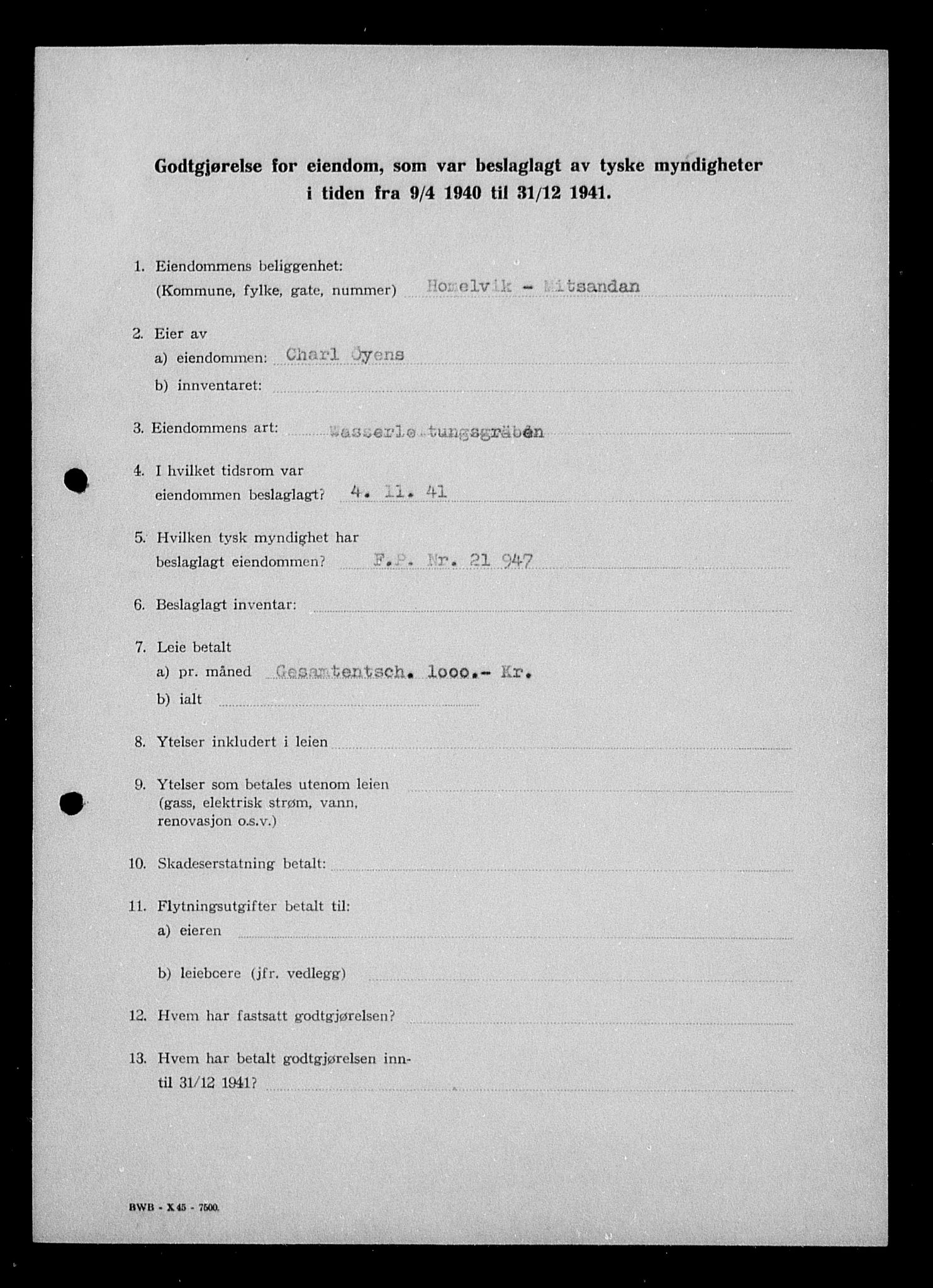 Justisdepartementet, Tilbakeføringskontoret for inndratte formuer, AV/RA-S-1564/I/L1018: Godtgjørelse for beslaglagt eiendom, 1940-1941, s. 358