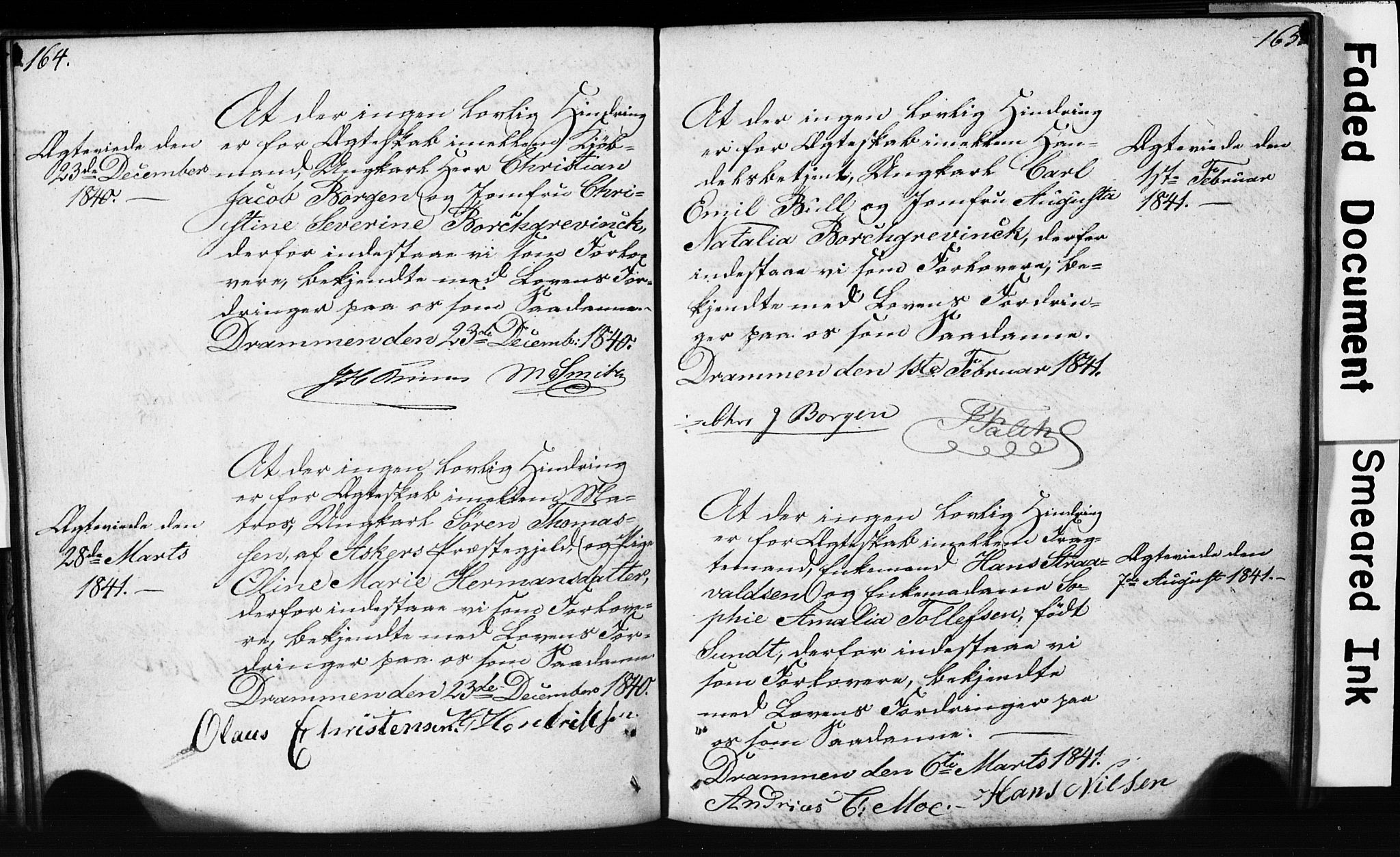 Strømsø kirkebøker, SAKO/A-246/H/Hb/L0002: Forlovererklæringer nr. 2, 1815-1857, s. 164-165