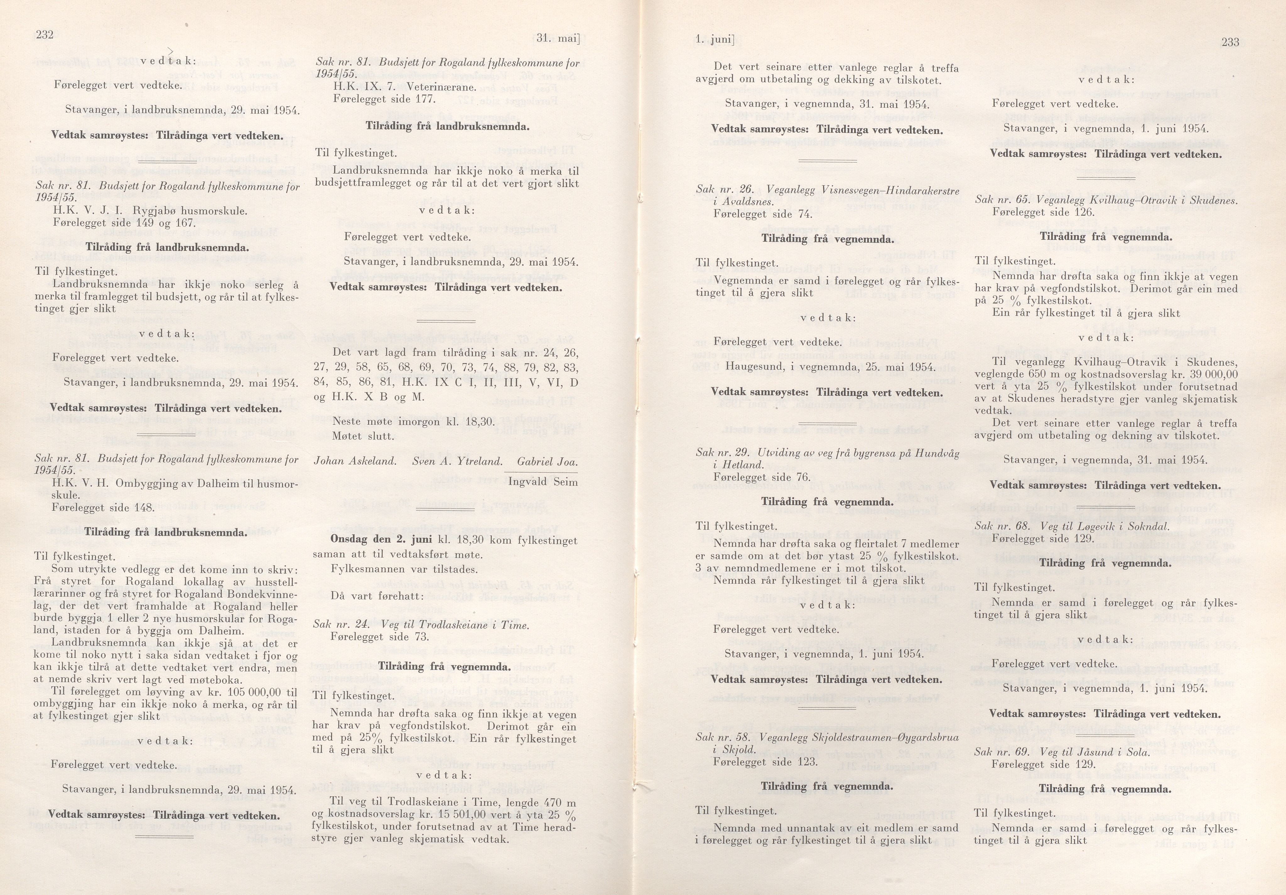 Rogaland fylkeskommune - Fylkesrådmannen , IKAR/A-900/A/Aa/Aaa/L0073: Møtebok , 1954, s. 232-233