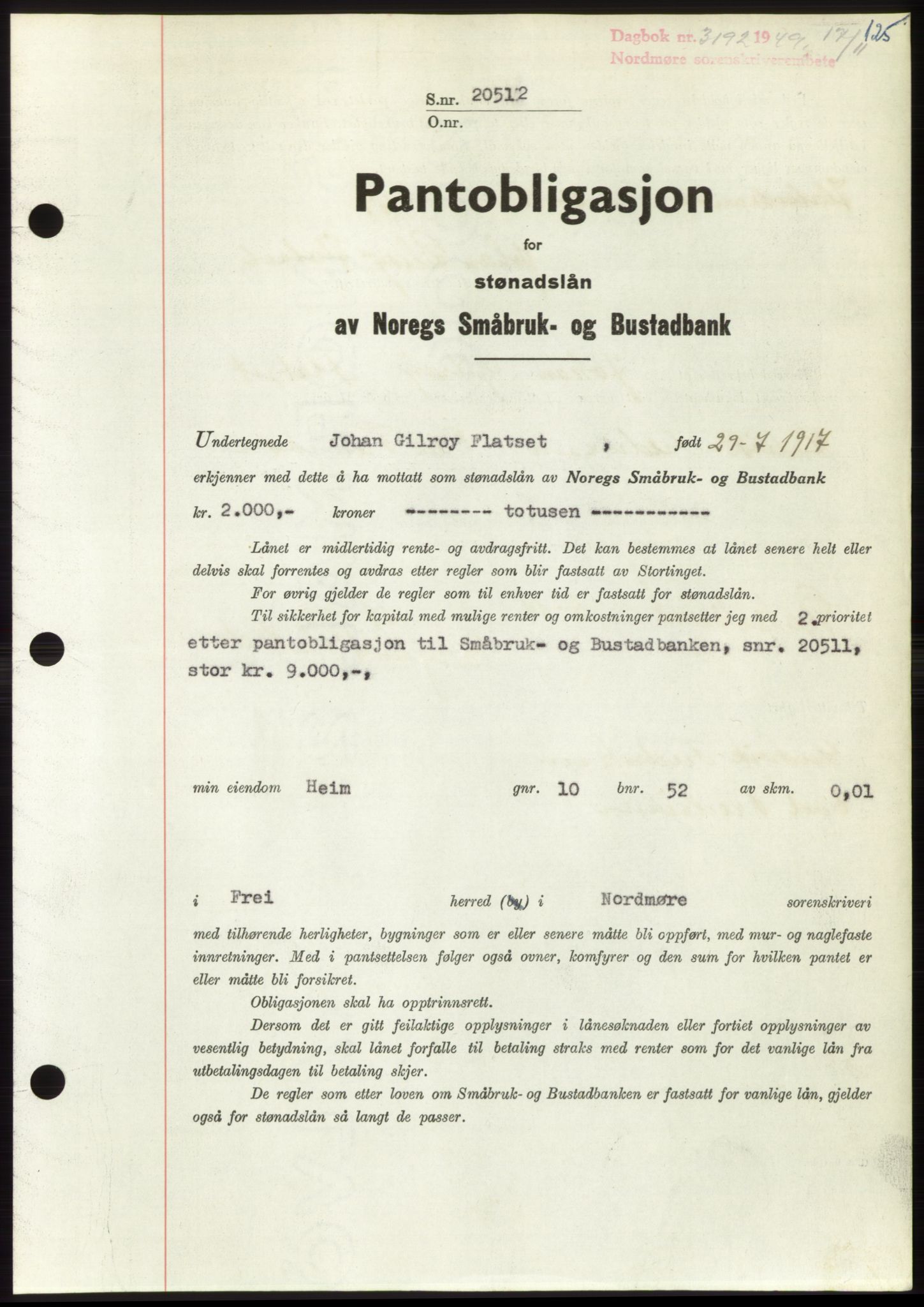 Nordmøre sorenskriveri, SAT/A-4132/1/2/2Ca: Pantebok nr. B103, 1949-1950, Dagboknr: 3192/1949