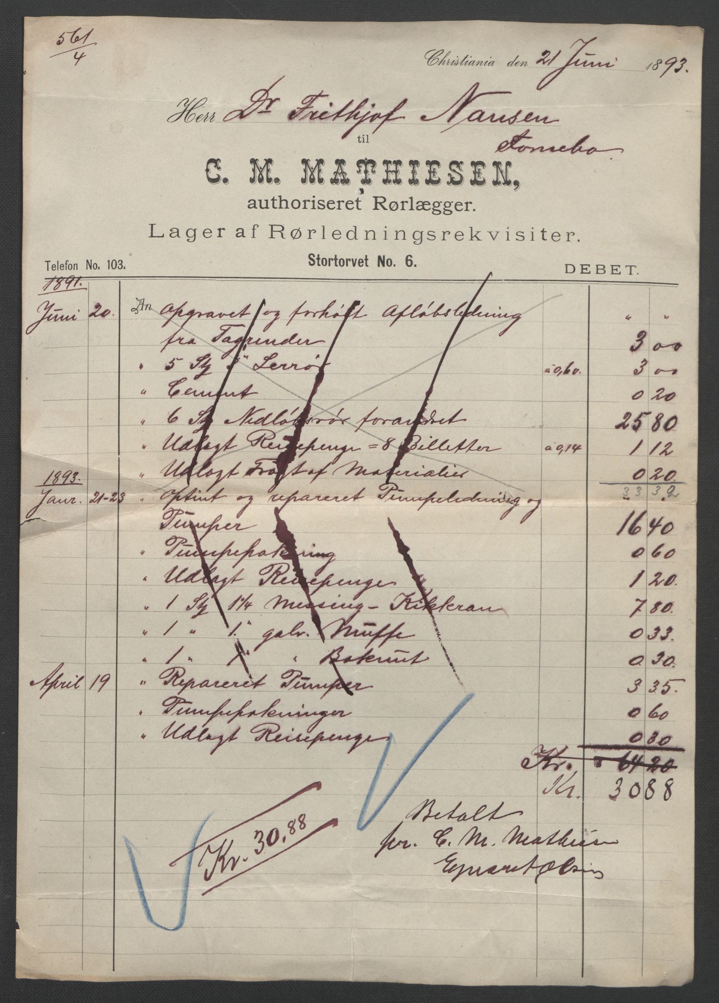 Arbeidskomitéen for Fridtjof Nansens polarekspedisjon, AV/RA-PA-0061/R/L0008/0004: Regnskapsbilag nr. 1-554 / Kassabilag 401-500, 1892-1893, s. 7