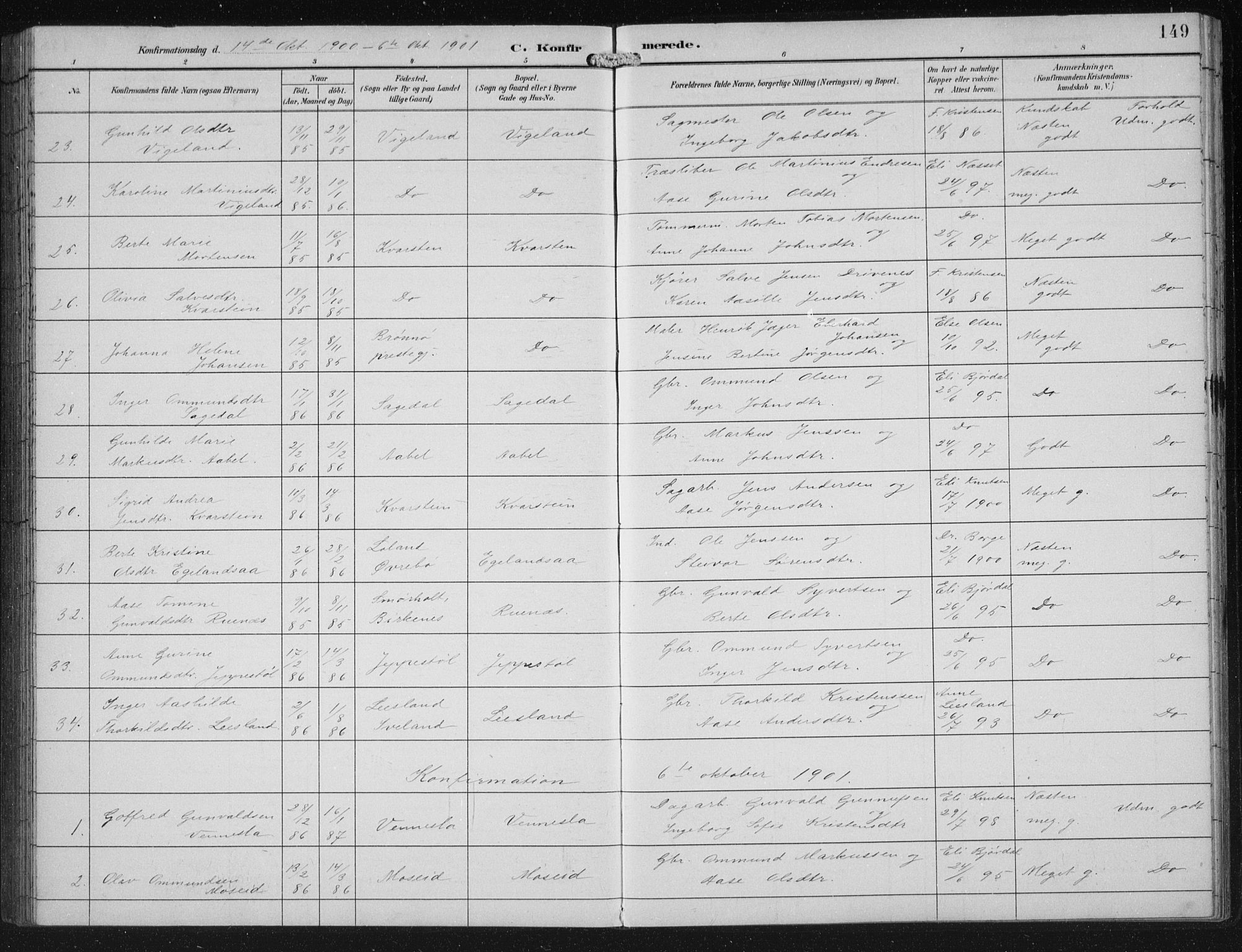 Vennesla sokneprestkontor, AV/SAK-1111-0045/Fb/Fbb/L0004: Klokkerbok nr. B 4, 1893-1902, s. 149