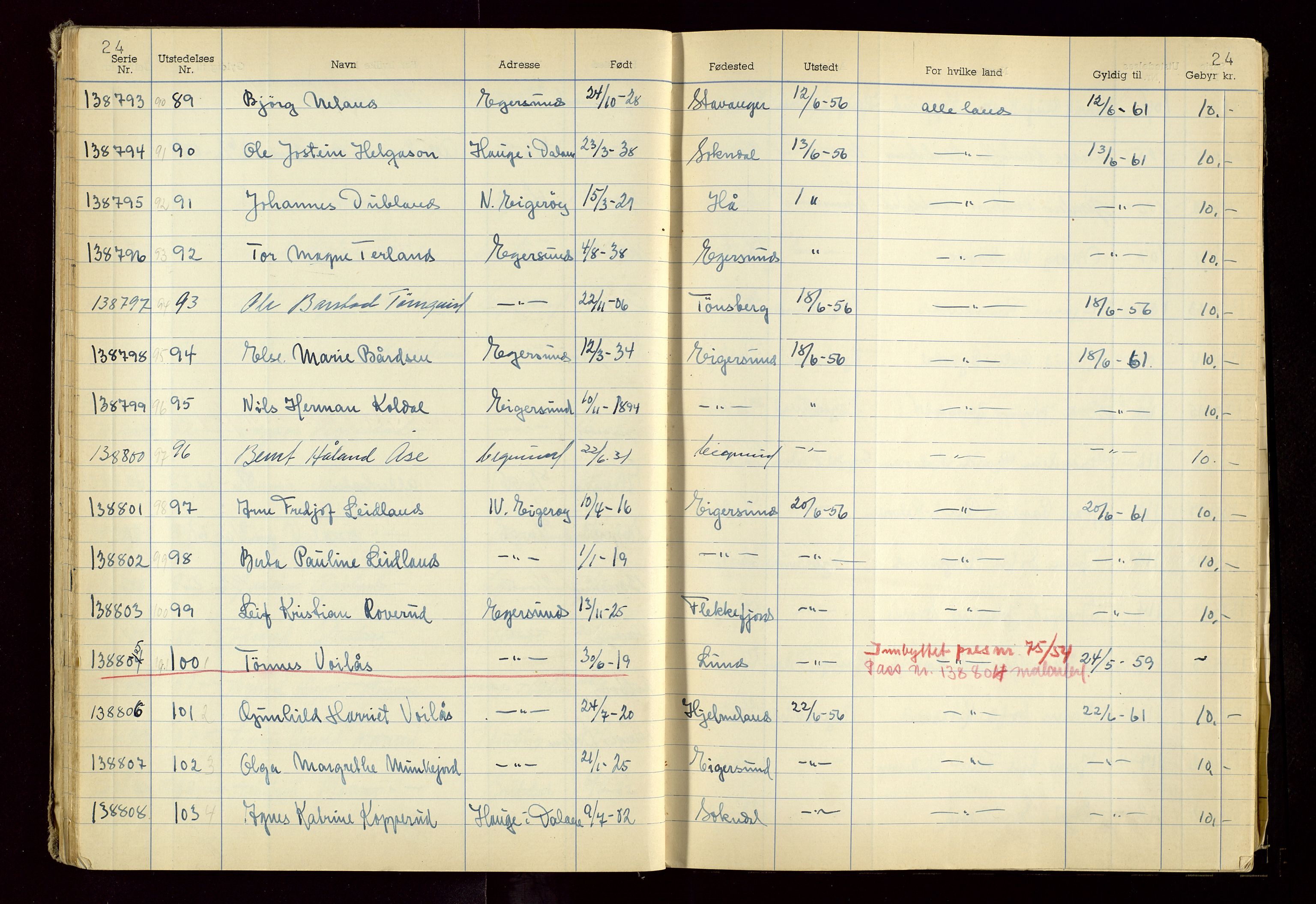 Eigersund politistasjon, AV/SAST-A-100445/K/L0001: Passjournal, 1955-1967, s. 24