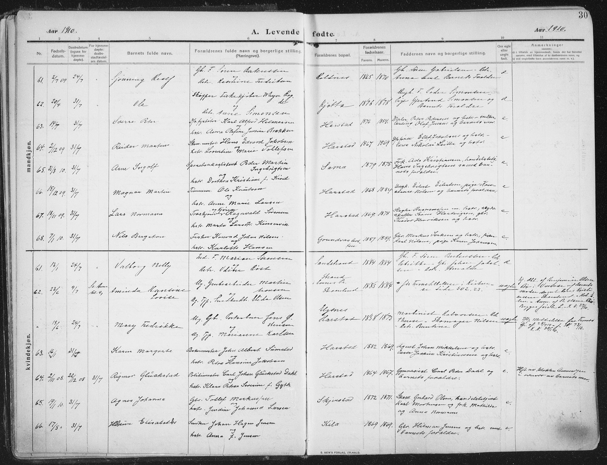 Trondenes sokneprestkontor, AV/SATØ-S-1319/H/Ha/L0018kirke: Ministerialbok nr. 18, 1909-1918, s. 30