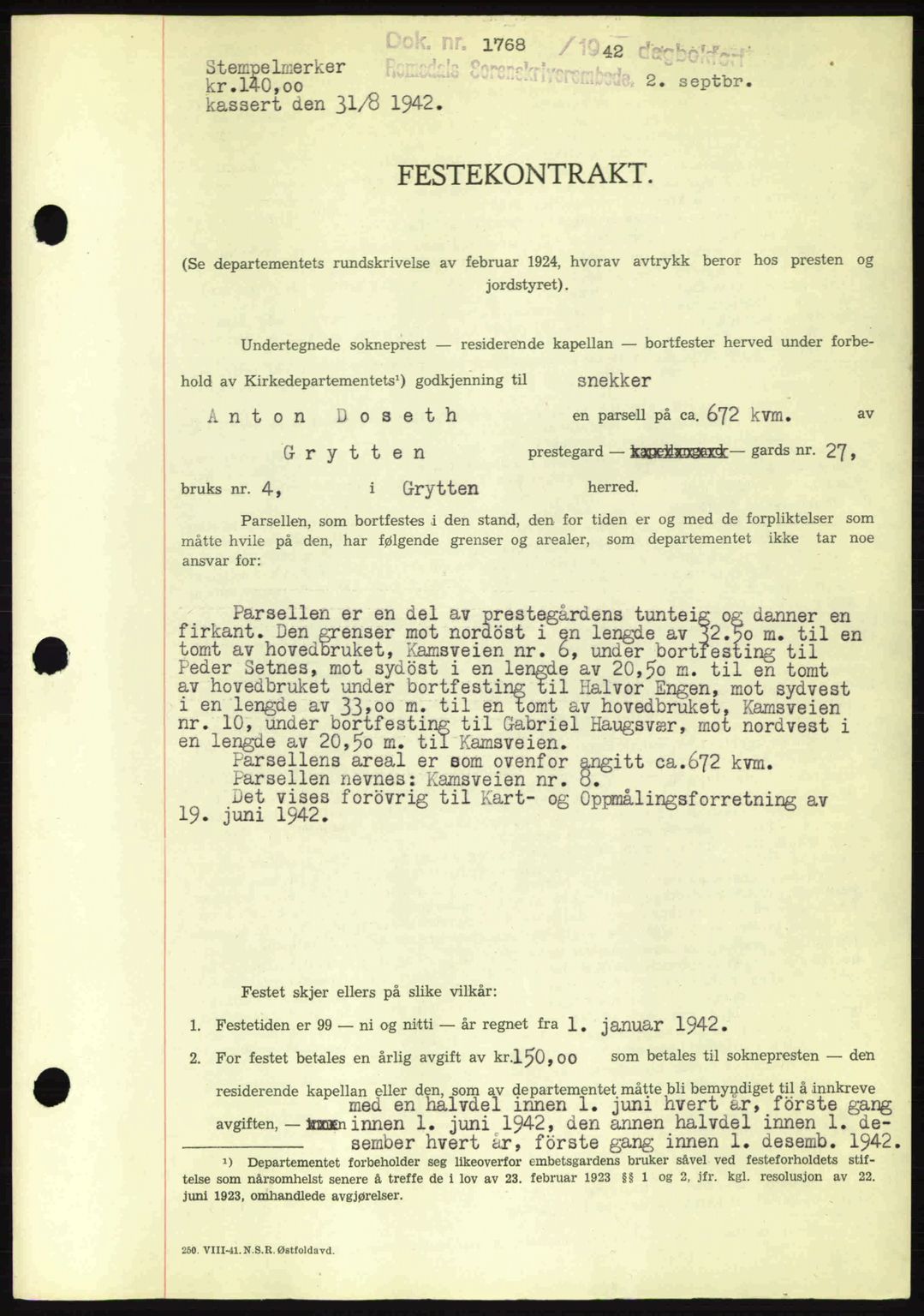Romsdal sorenskriveri, SAT/A-4149/1/2/2C: Pantebok nr. A12, 1942-1942, Dagboknr: 1768/1942