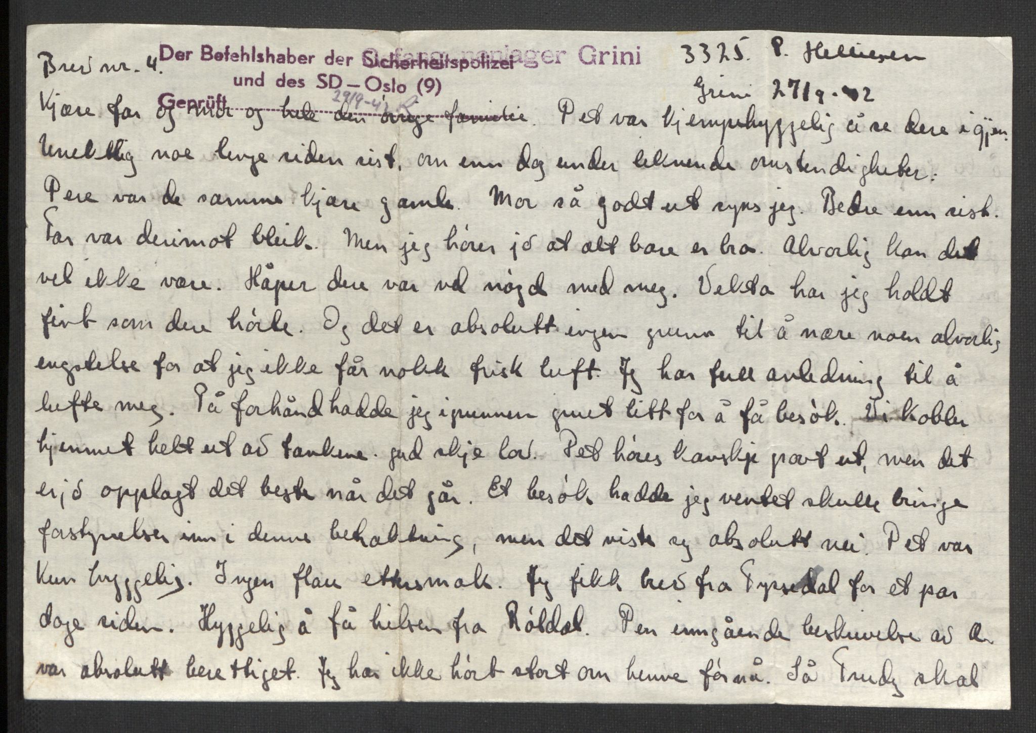 Per Helliesens krigsfangebrev, RA/PA-1330/F/L0001: 1 Brev fra Bredtvet, 6 brev (derav 1 kopi) fra Grini, 33 brev (derav 2 kopier) fra Sachsenhausen, 1 brev fra Neuengamme og et eksemplar av illegal nyhetsavis., 1942-1945