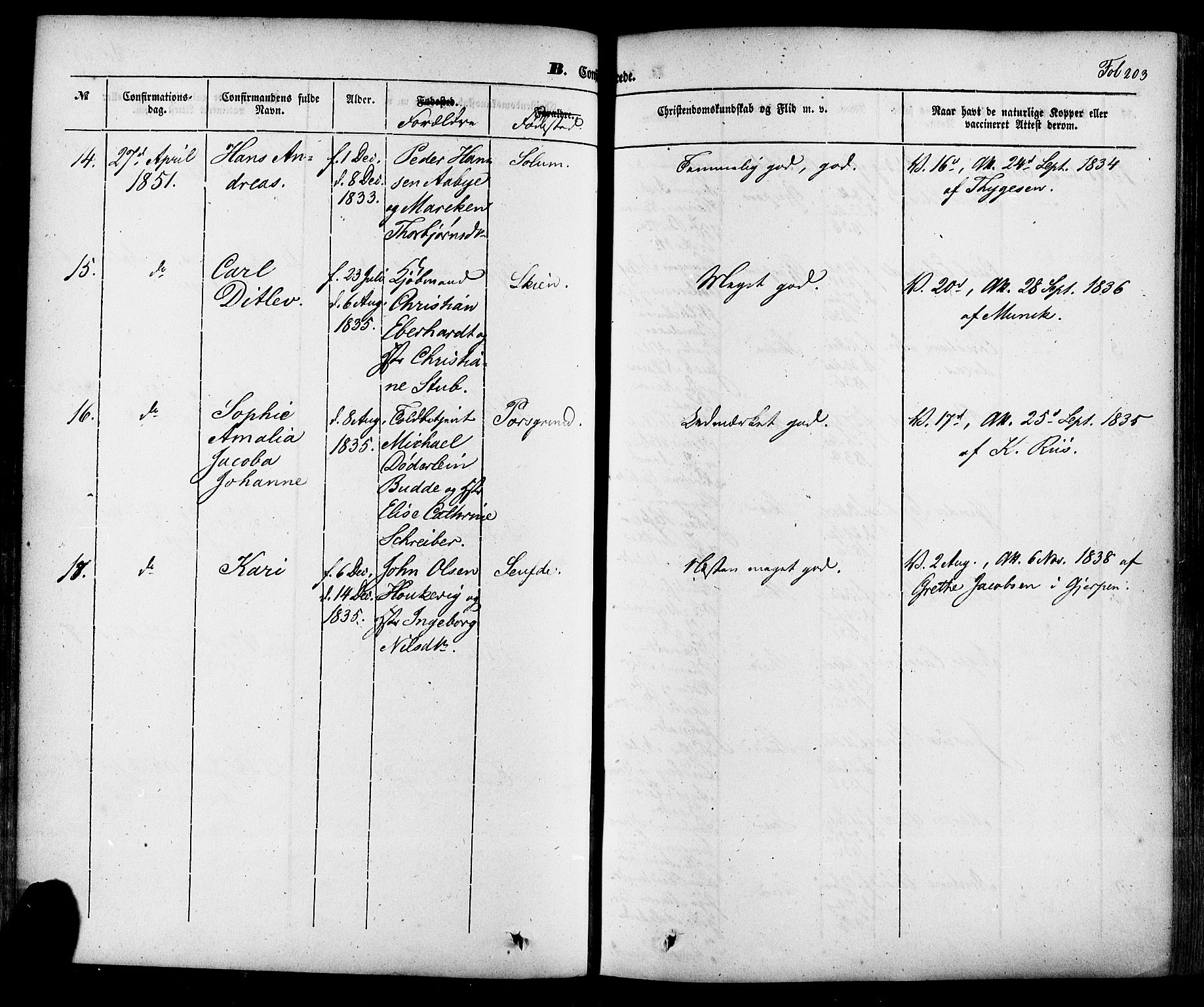 Skien kirkebøker, SAKO/A-302/F/Fa/L0006a: Ministerialbok nr. 6A, 1843-1856, s. 203
