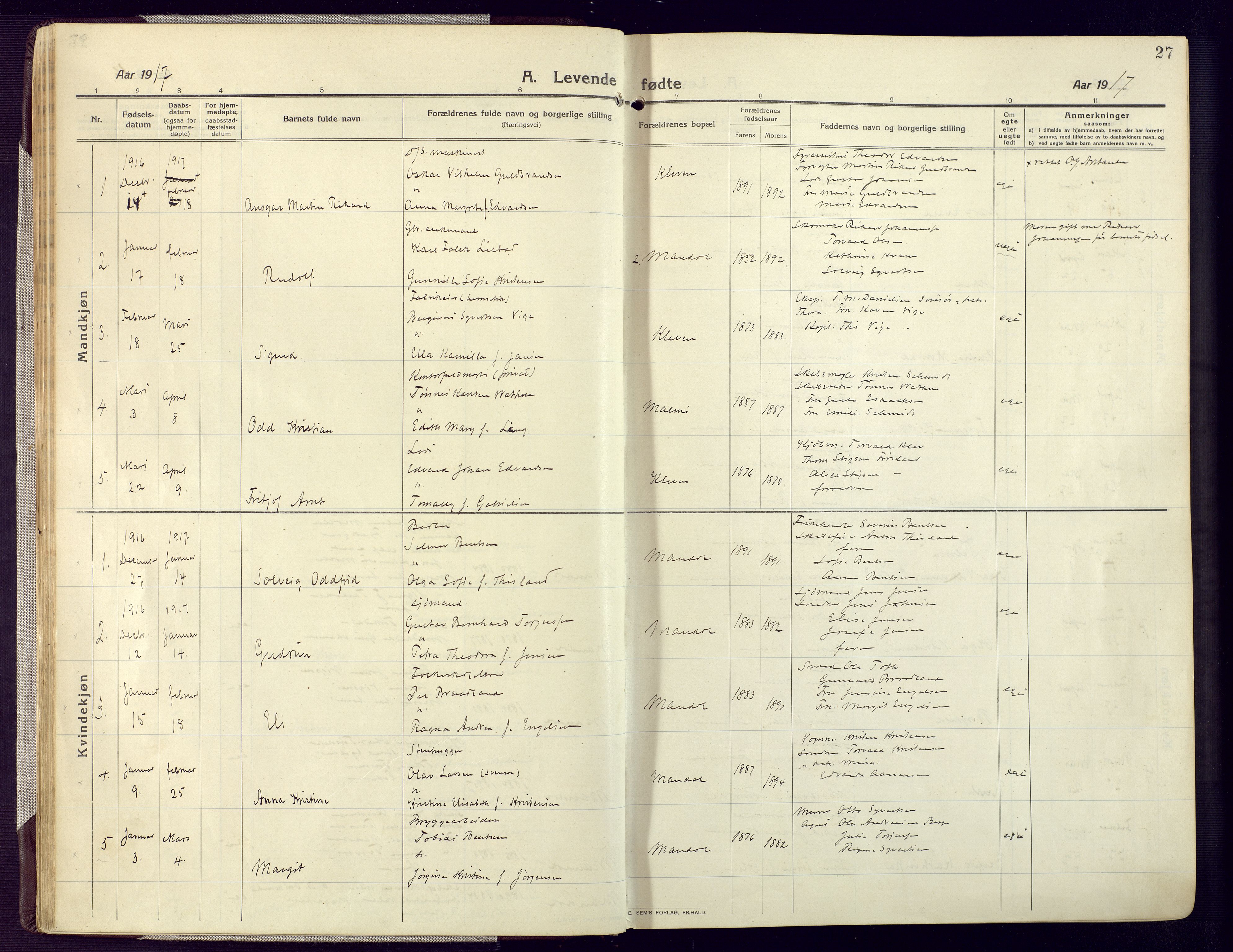Mandal sokneprestkontor, AV/SAK-1111-0030/F/Fa/Fac/L0001: Ministerialbok nr. A 1, 1913-1925, s. 27